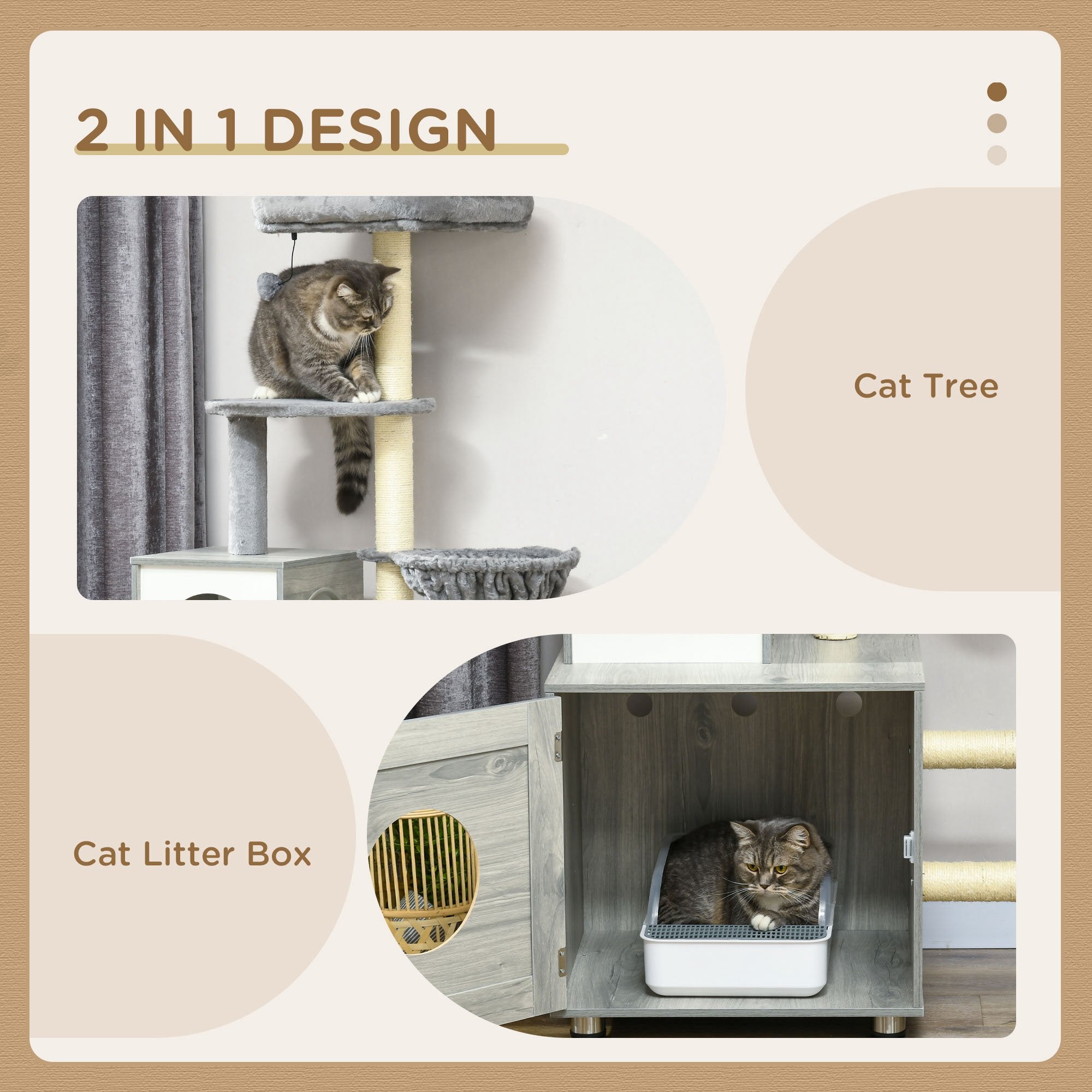 PawHut 2 in 1 Cat Tree with Litter Box Enclosure, Cat Litter Box Furniture with Cat House, Cat Bed, Posts, Platforms, for Indoor Cats - Grey