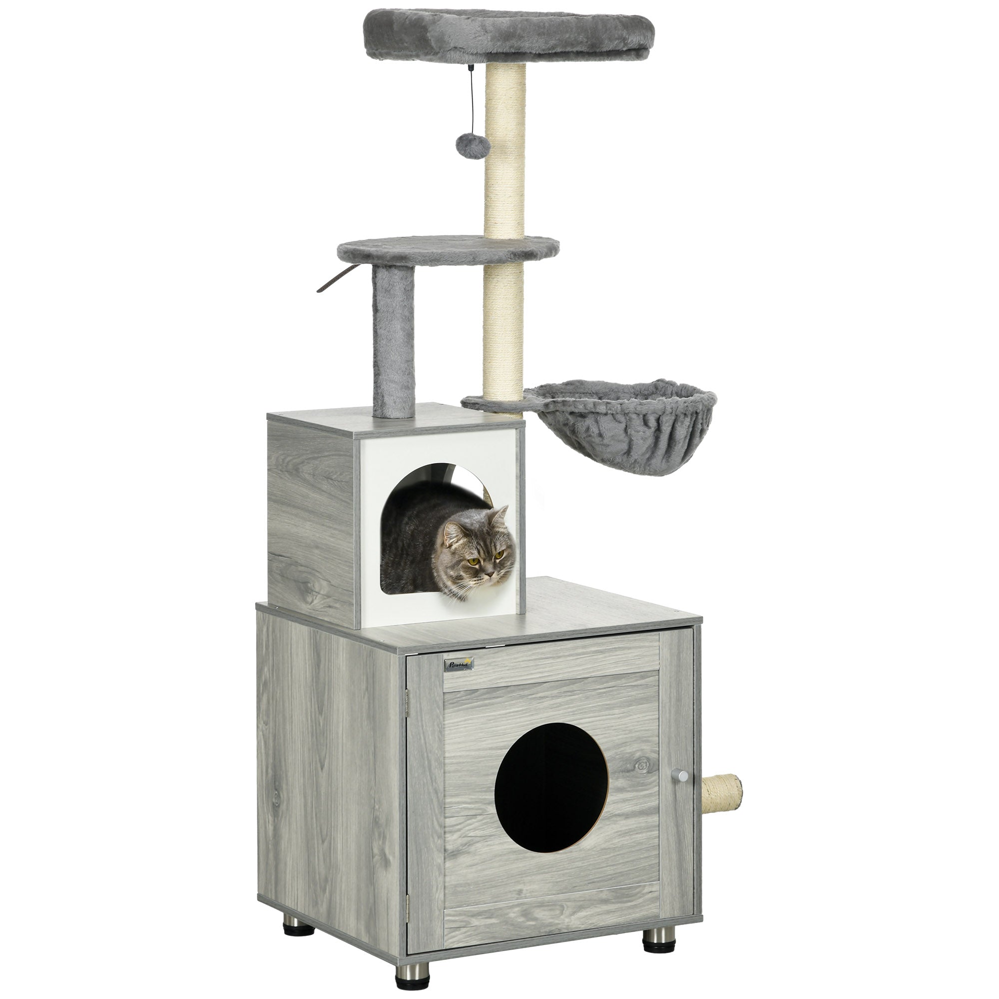 PawHut 2 in 1 Cat Tree with Litter Box Enclosure, Cat Litter Box Furniture with Cat House, Cat Bed, Posts, Platforms, for Indoor Cats - Grey