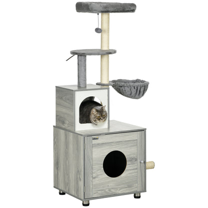 PawHut 2 in 1 Cat Tree with Litter Box Enclosure, Cat Litter Box Furniture with Cat House, Cat Bed, Posts, Platforms, for Indoor Cats - Grey
