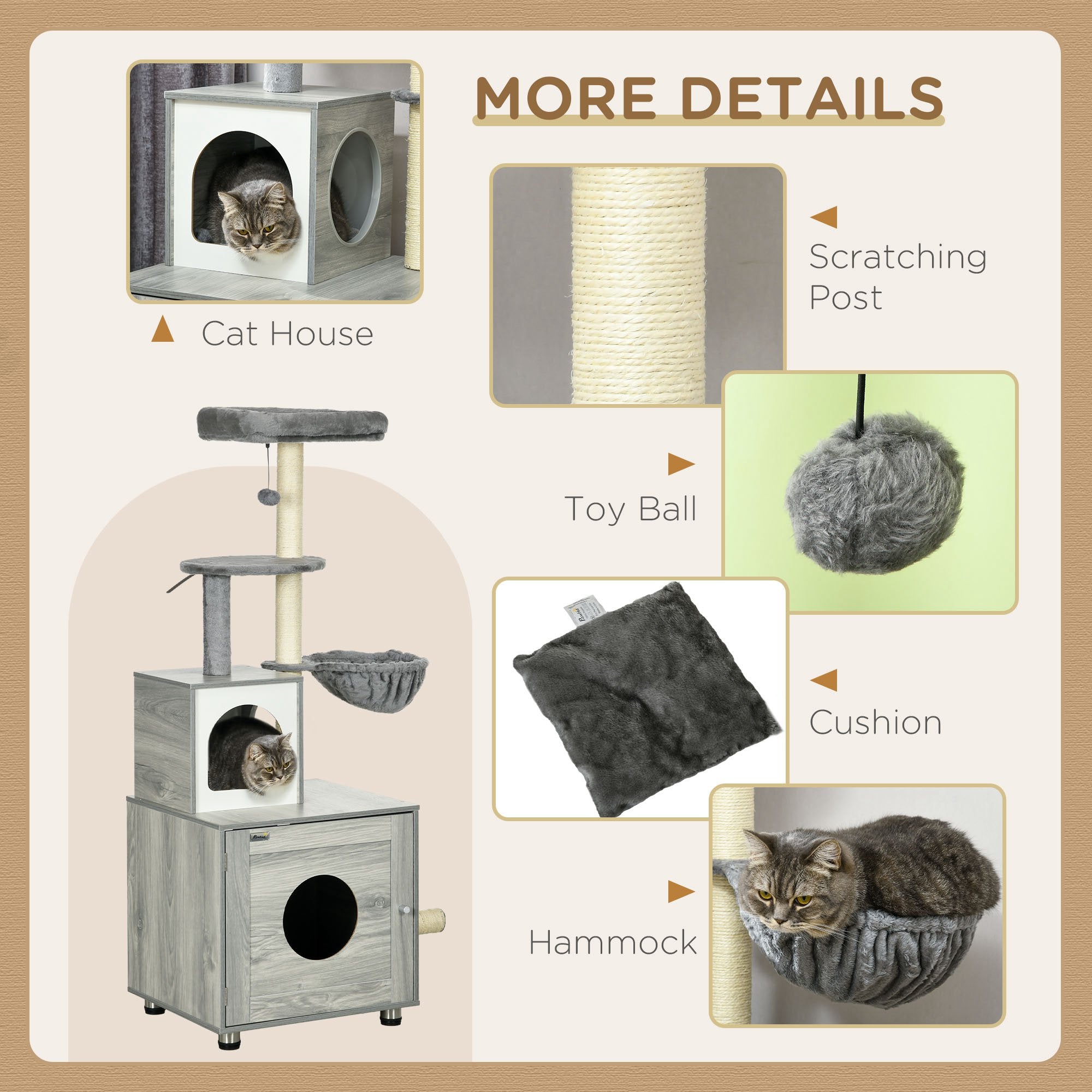 PawHut 2 in 1 Cat Tree with Litter Box Enclosure, Cat Litter Box Furniture with Cat House, Cat Bed, Posts, Platforms, for Indoor Cats - Grey