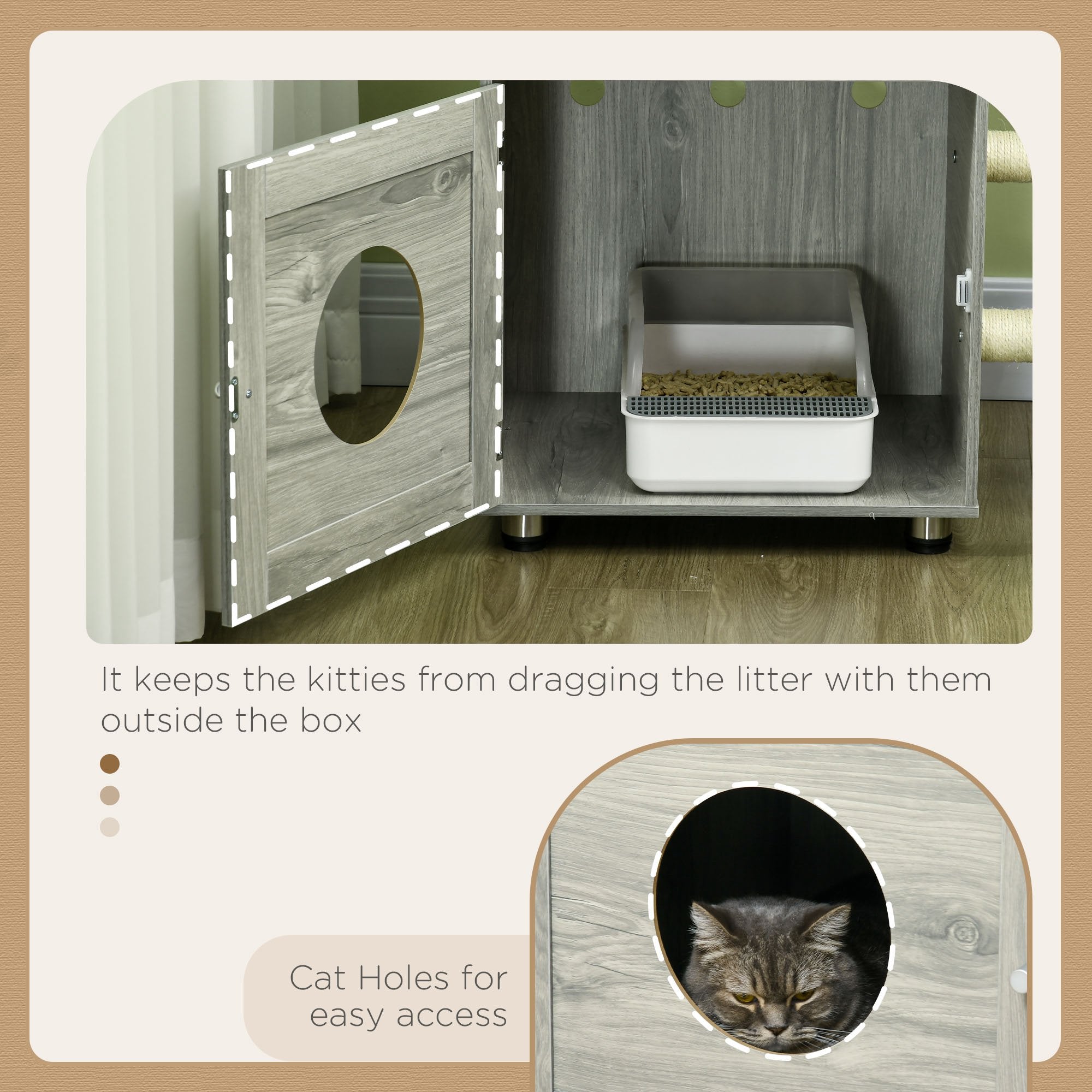 PawHut 2 in 1 Cat Tree with Litter Box Enclosure, Cat Litter Box Furniture with Cat House, Cat Bed, Posts, Platforms, for Indoor Cats - Grey