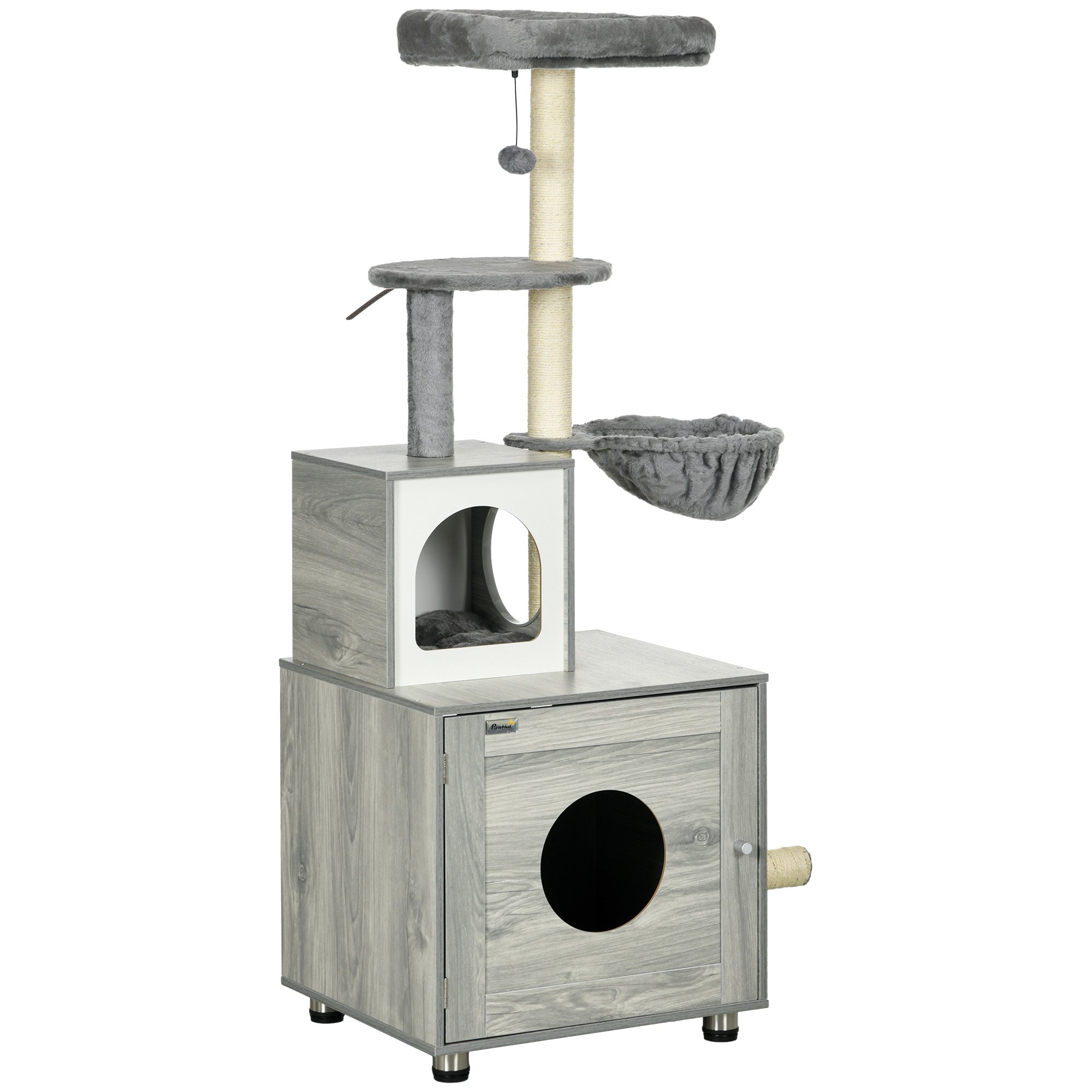 PawHut 2 in 1 Cat Tree with Litter Box Enclosure, Cat Litter Box Furniture with Cat House, Cat Bed, Posts, Platforms, for Indoor Cats - Grey