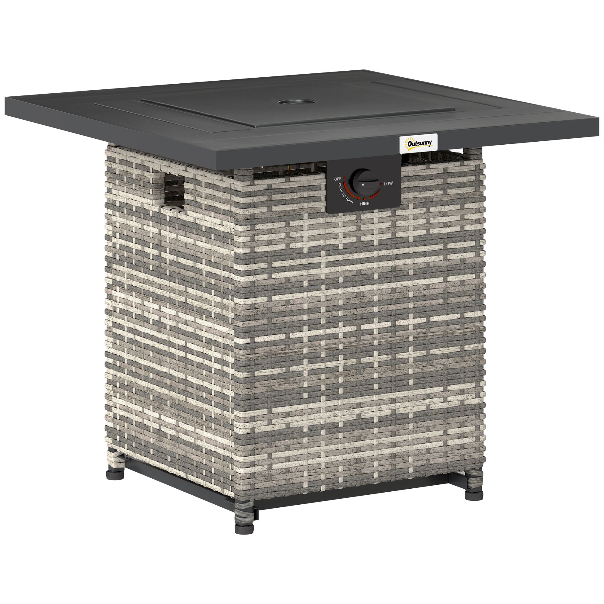 Outsunny 28 Inch Outdoor Propane Fire Pit Table, 40,000 BTU Rattan Gas Fire Pit Table with Rain Cover, Mesh Lid and Lava Stone, Square Propane Fire Table for Garden, Mixed Grey