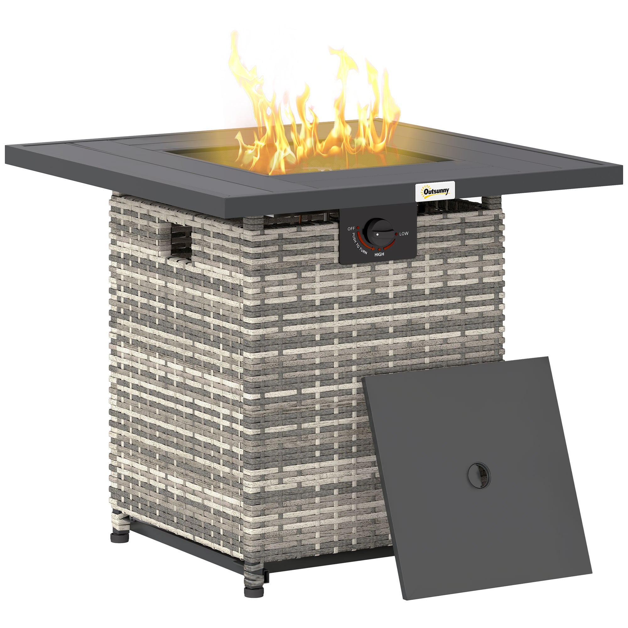 Outsunny 28 Inch Outdoor Propane Fire Pit Table, 40,000 BTU Rattan Gas Fire Pit Table with Rain Cover, Mesh Lid and Lava Stone, Square Propane Fire Table for Garden, Mixed Grey