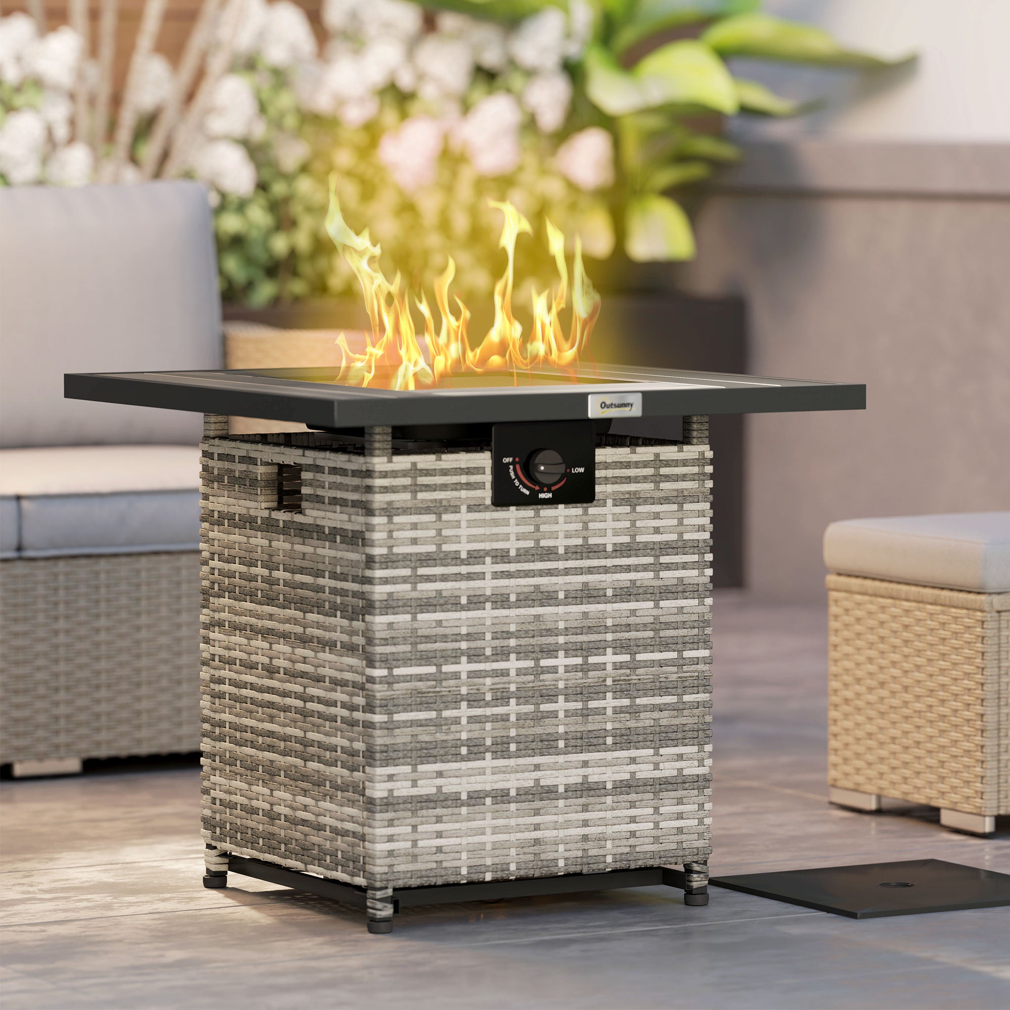 Outsunny 28 Inch Outdoor Propane Fire Pit Table, 40,000 BTU Rattan Gas Fire Pit Table with Rain Cover, Mesh Lid and Lava Stone, Square Propane Fire Table for Garden, Mixed Grey