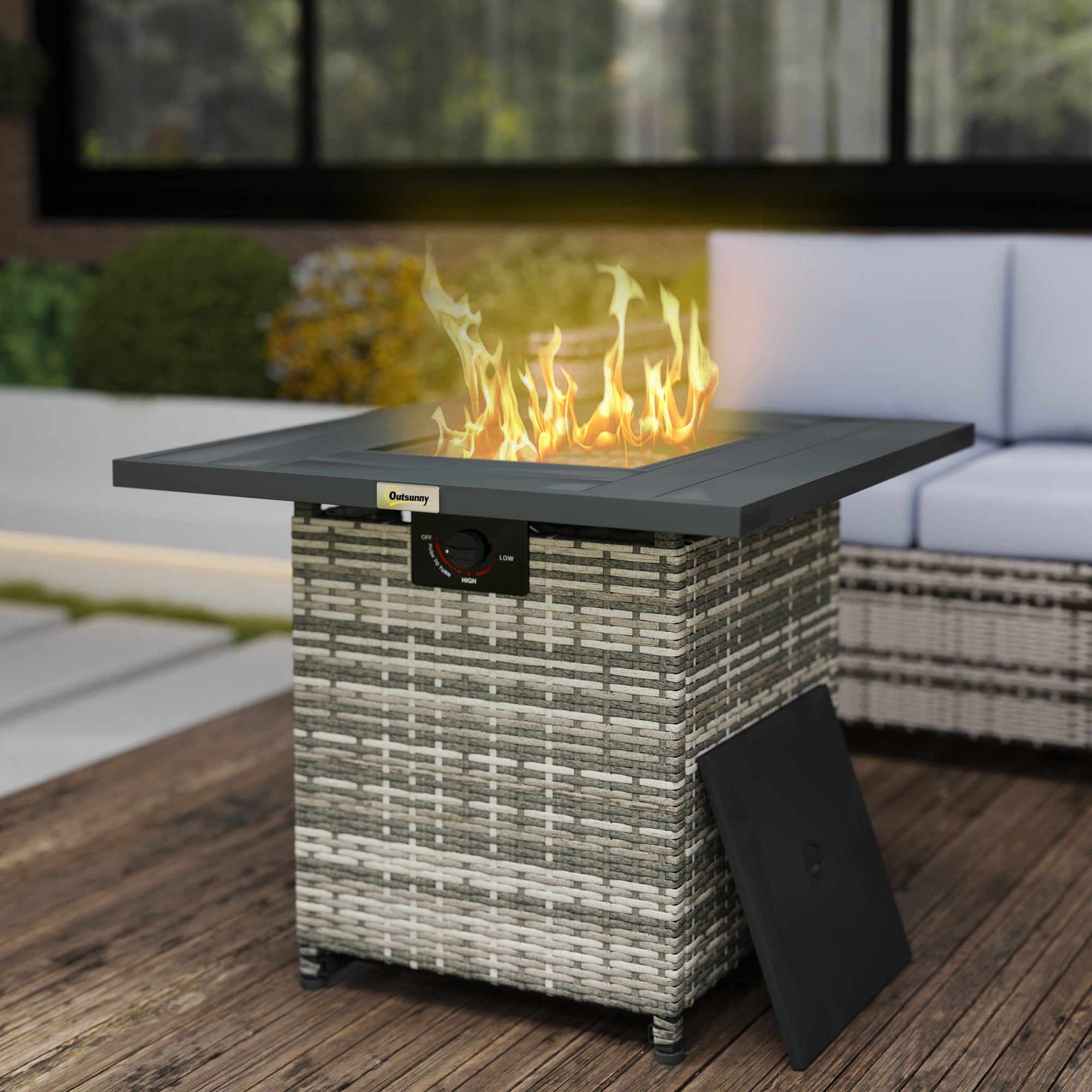 Outsunny 28 Inch Outdoor Propane Fire Pit Table, 40,000 BTU Rattan Gas Fire Pit Table with Rain Cover, Mesh Lid and Lava Stone, Square Propane Fire Table for Garden, Mixed Grey