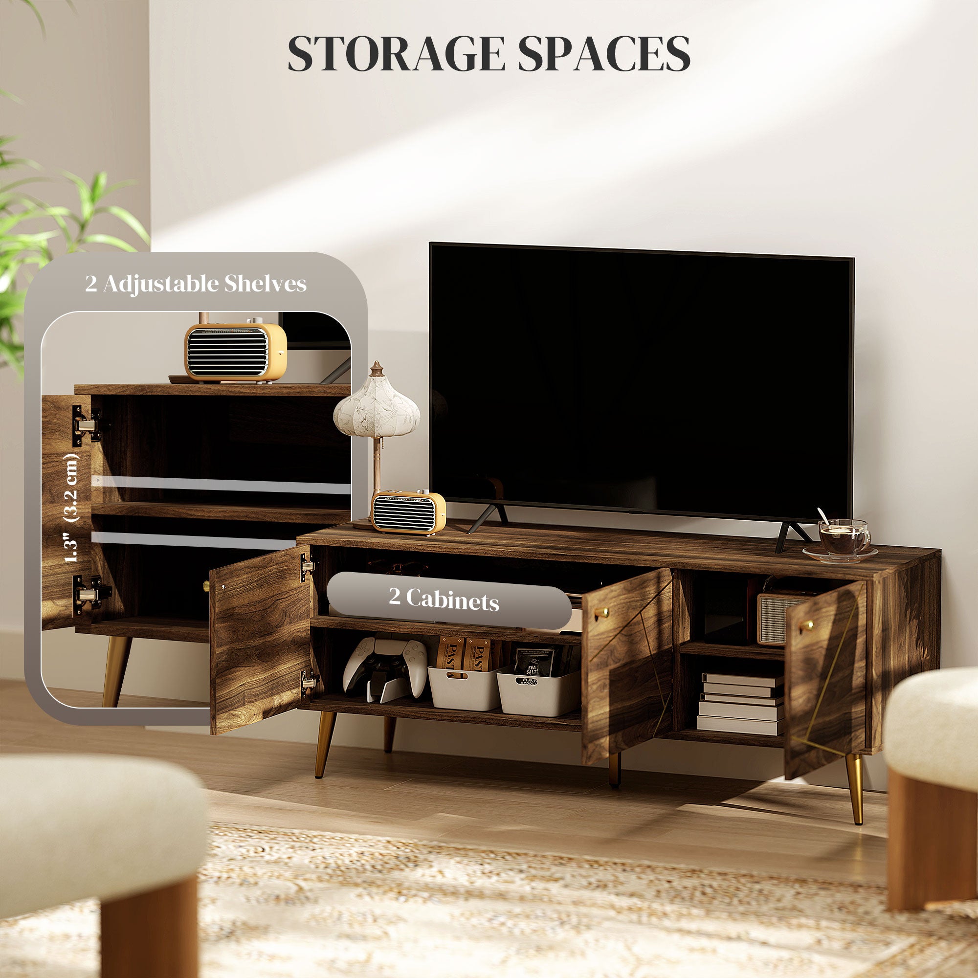 HOMCOM TV Stand for up to 60 Inch TV, Modern Entertainment Center with 3 Doors, TV Console Table with 2 Cable Holes and 2 Adjustable Shelves for Living Room, Rustic Brown