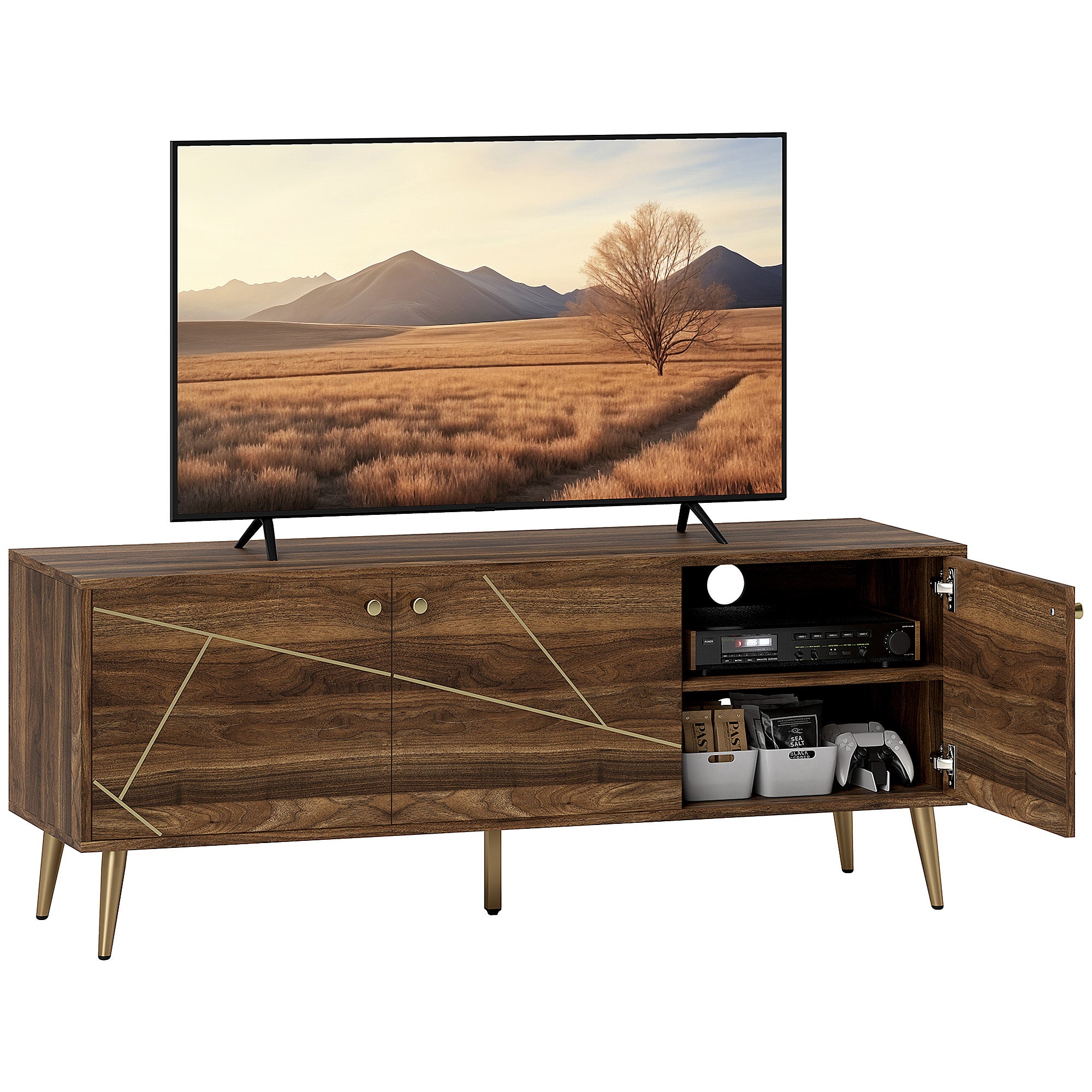 HOMCOM TV Stand for up to 60 Inch TV, Modern Entertainment Center with 3 Doors, TV Console Table with 2 Cable Holes and 2 Adjustable Shelves for Living Room, Rustic Brown