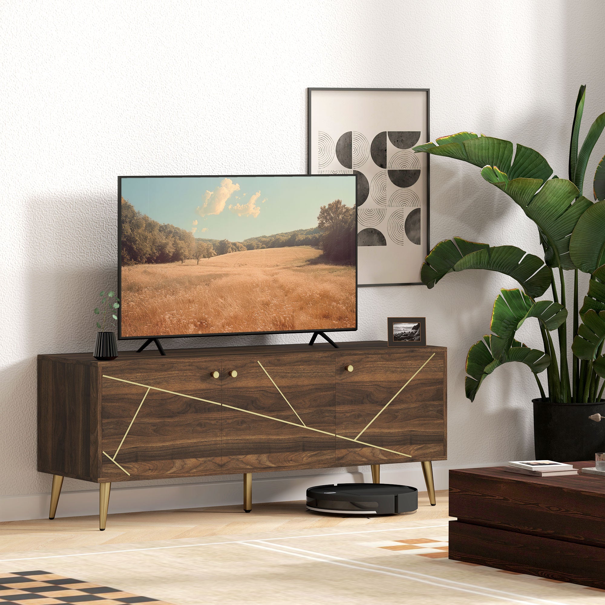 HOMCOM TV Stand for up to 60 Inch TV, Modern Entertainment Center with 3 Doors, TV Console Table with 2 Cable Holes and 2 Adjustable Shelves for Living Room, Rustic Brown
