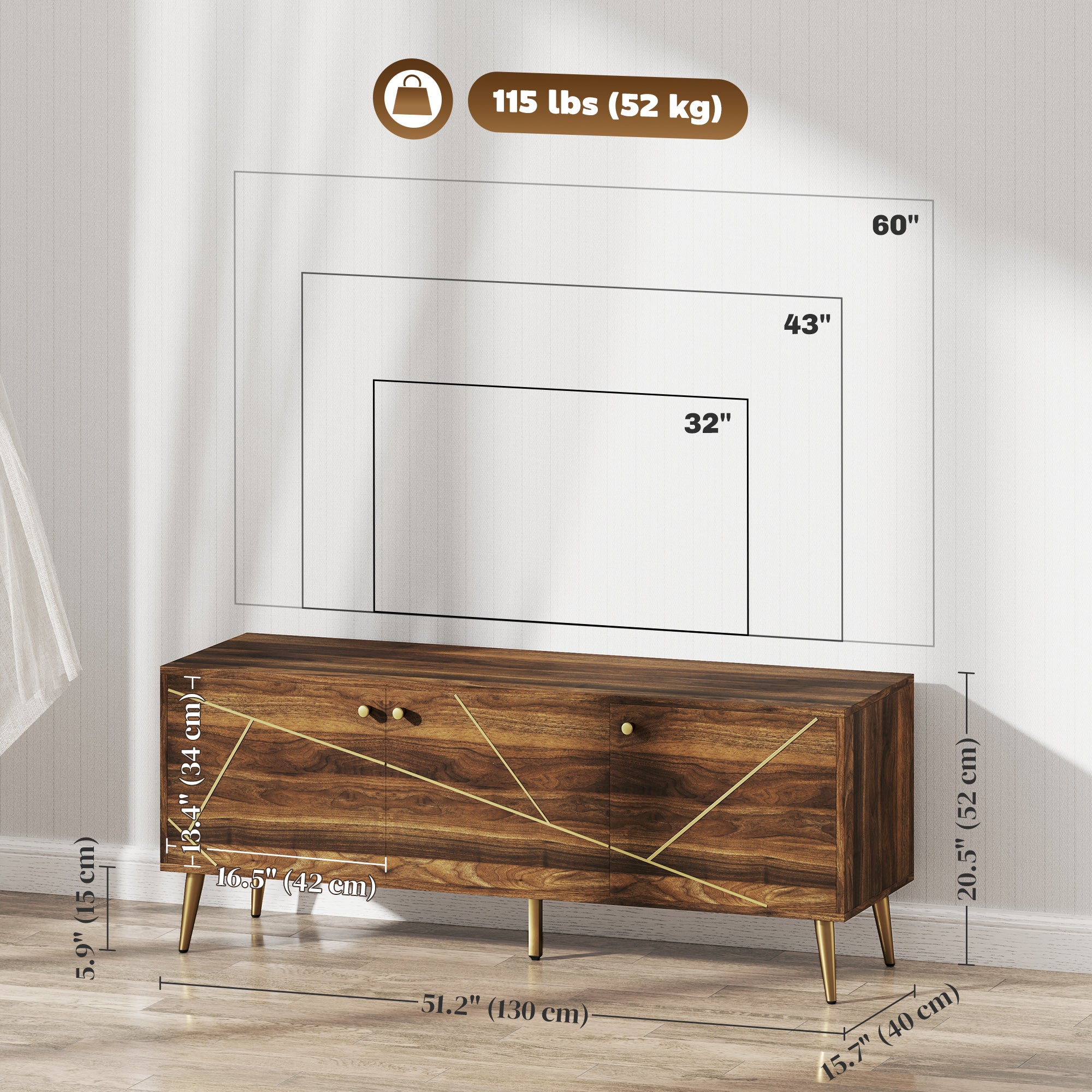 HOMCOM TV Stand for up to 60 Inch TV, Modern Entertainment Center with 3 Doors, TV Console Table with 2 Cable Holes and 2 Adjustable Shelves for Living Room, Rustic Brown