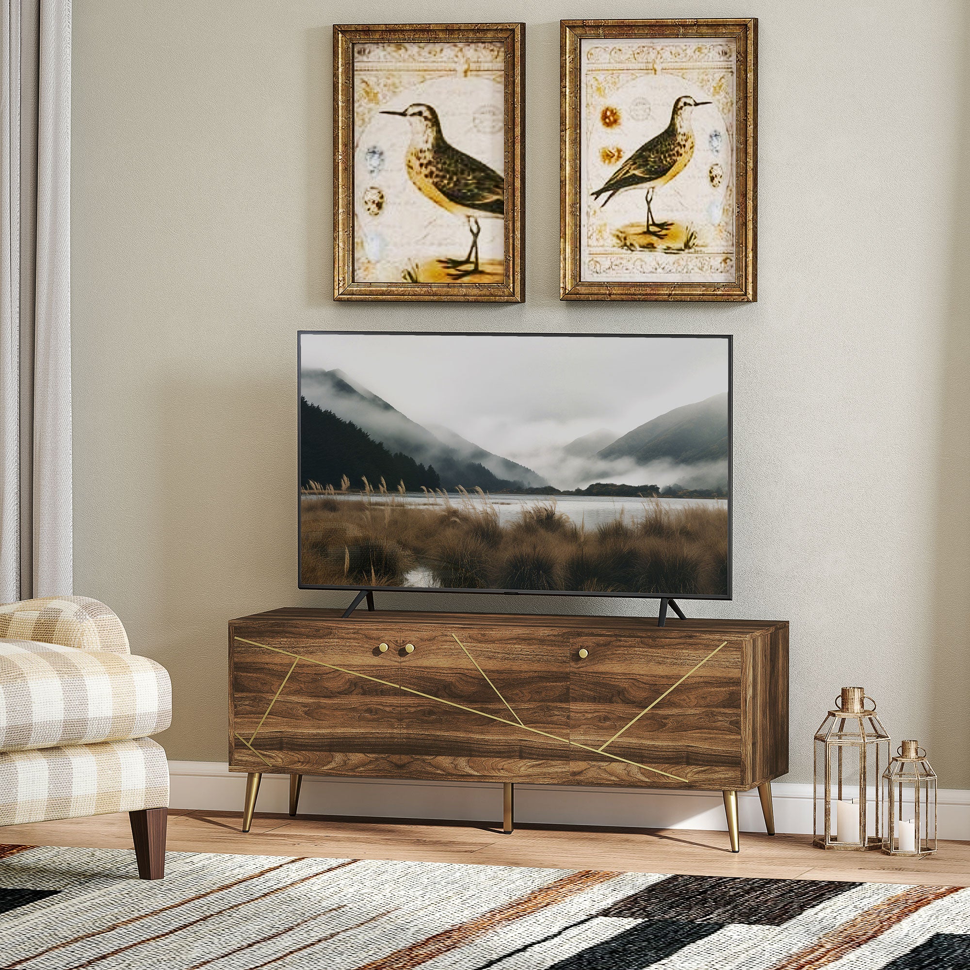 HOMCOM TV Stand for up to 60 Inch TV, Modern Entertainment Center with 3 Doors, TV Console Table with 2 Cable Holes and 2 Adjustable Shelves for Living Room, Rustic Brown