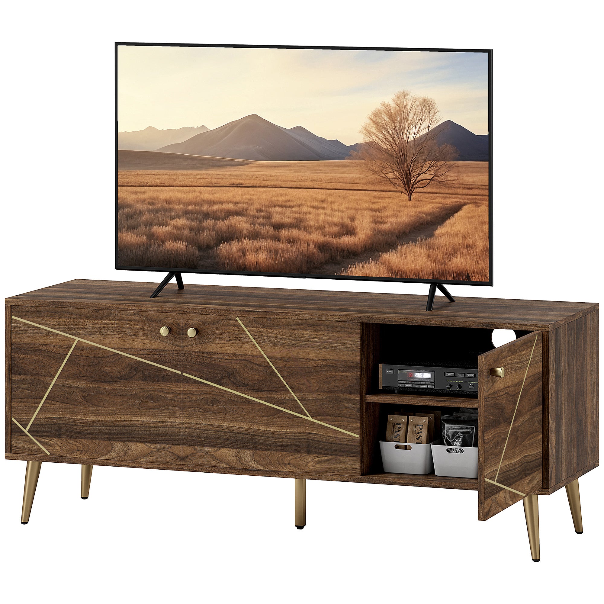 HOMCOM TV Stand for up to 60 Inch TV, Modern Entertainment Center with 3 Doors, TV Console Table with 2 Cable Holes and 2 Adjustable Shelves for Living Room, Rustic Brown