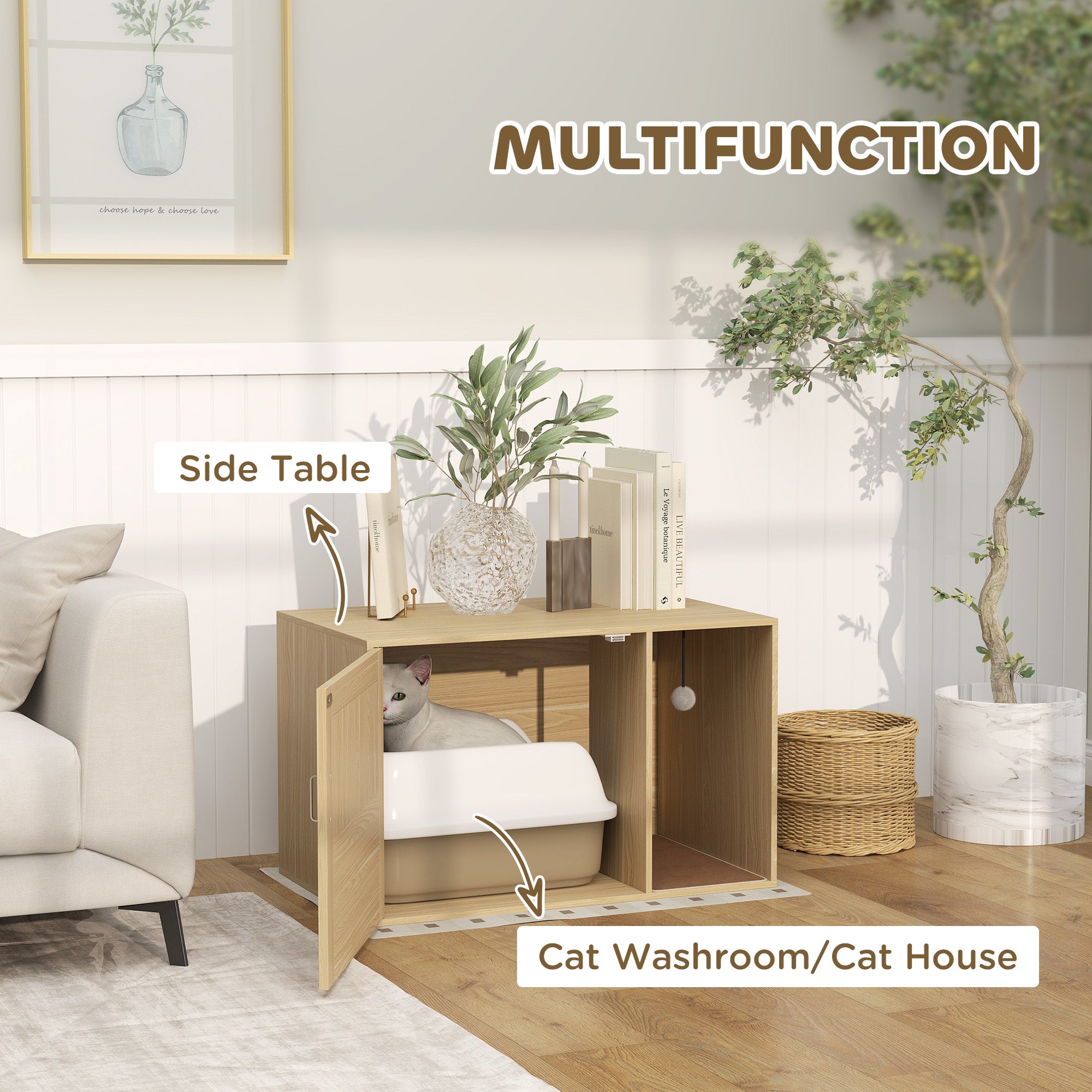 PawHut Cat Litter Box Enclosure with Rattan Door, Hidden Litter Box Furniture Hidden with Scratching Mat, Non-slip Foot Pads, Boho Style Cat Washroom House End Side Table, 31.5" x 20" x 20", Oak