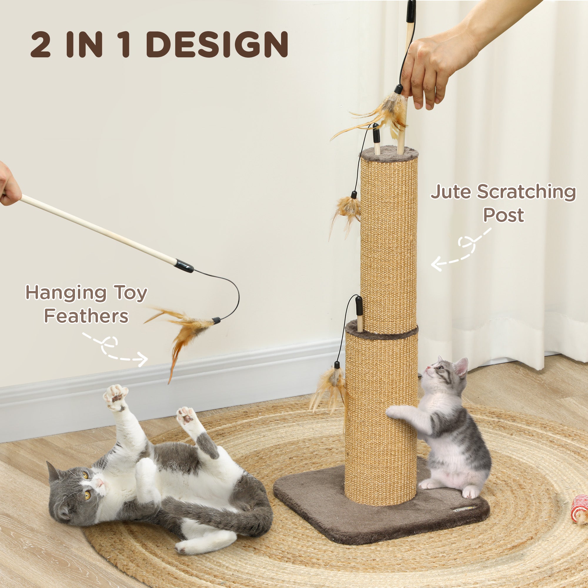 PawHut 2 in 1 Cat Scratching Post, 78cm Tall Cat Scratch Post with 3 Toy Feathers, Cat Scratcher Post for Indoor Cats and Kittens, Brown
