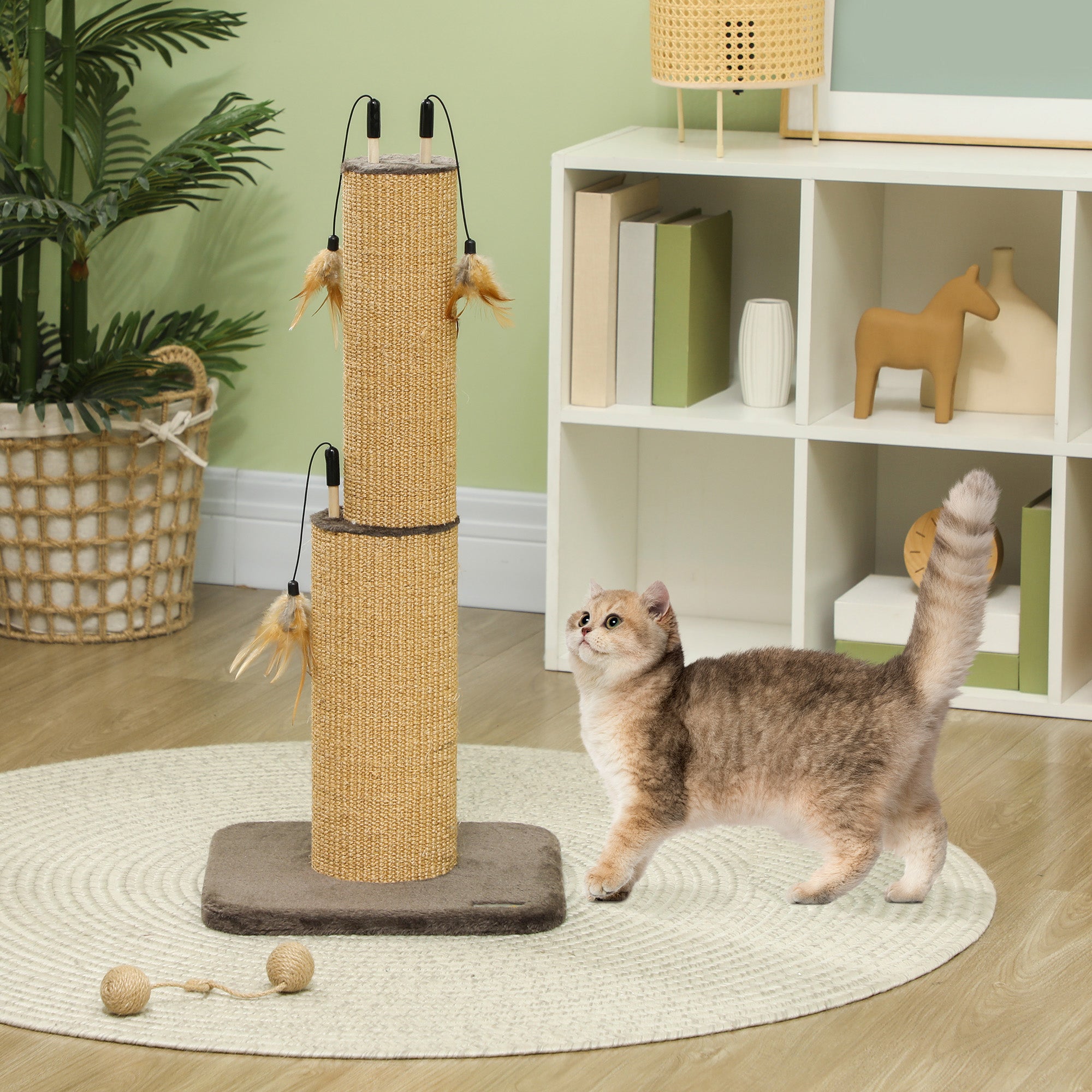 PawHut 2 in 1 Cat Scratching Post, 78cm Tall Cat Scratch Post with 3 Toy Feathers, Cat Scratcher Post for Indoor Cats and Kittens, Brown