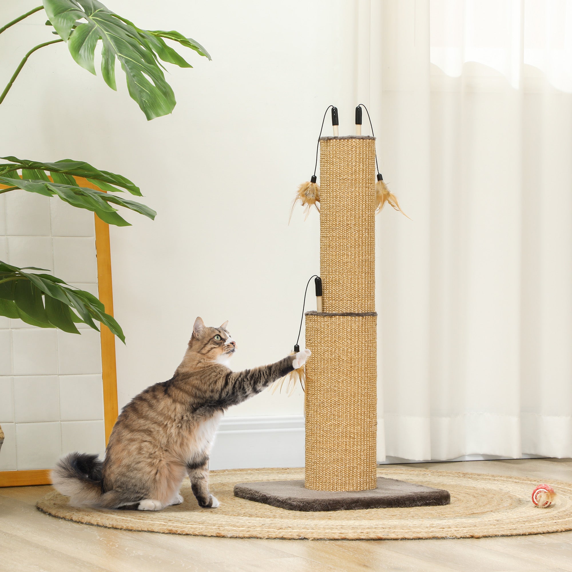 PawHut 2 in 1 Cat Scratching Post, 78cm Tall Cat Scratch Post with 3 Toy Feathers, Cat Scratcher Post for Indoor Cats and Kittens, Brown