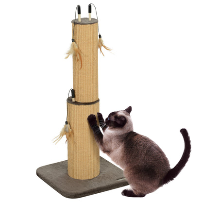 PawHut 2 in 1 Cat Scratching Post, 78cm Tall Cat Scratch Post with 3 Toy Feathers, Cat Scratcher Post for Indoor Cats and Kittens, Brown
