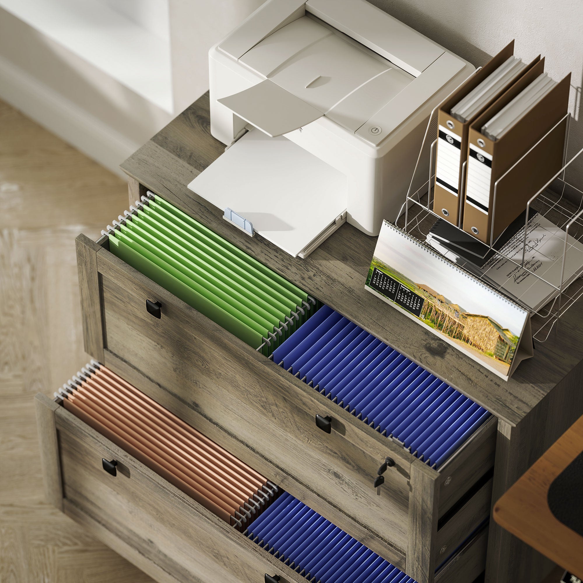 HOMCOM File Cabinet, 2 Drawer Filing Cabinet with Lock, Printer Stand, Office Filing Cabinet Organizer for A4, Letter Size, Weathered Grey Oak