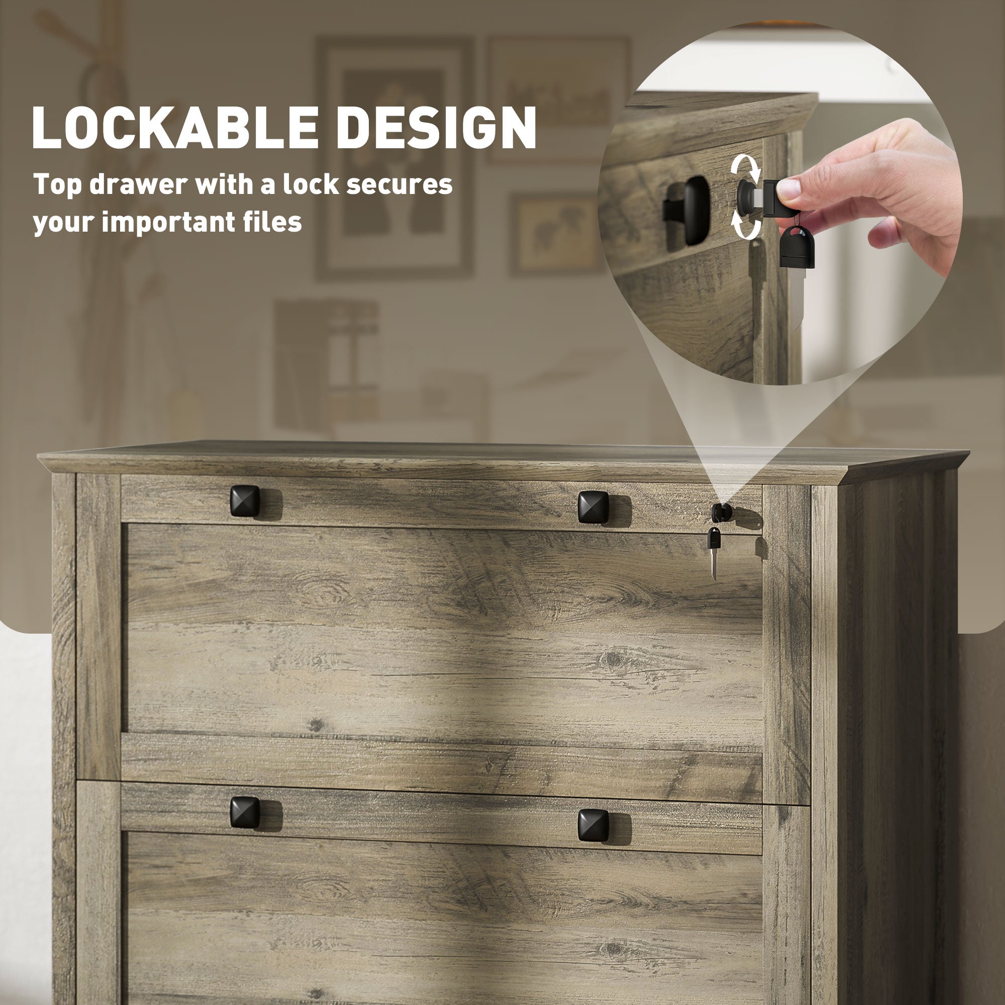 HOMCOM File Cabinet, 2 Drawer Filing Cabinet with Lock, Printer Stand, Office Filing Cabinet Organizer for A4, Letter Size, Weathered Grey Oak