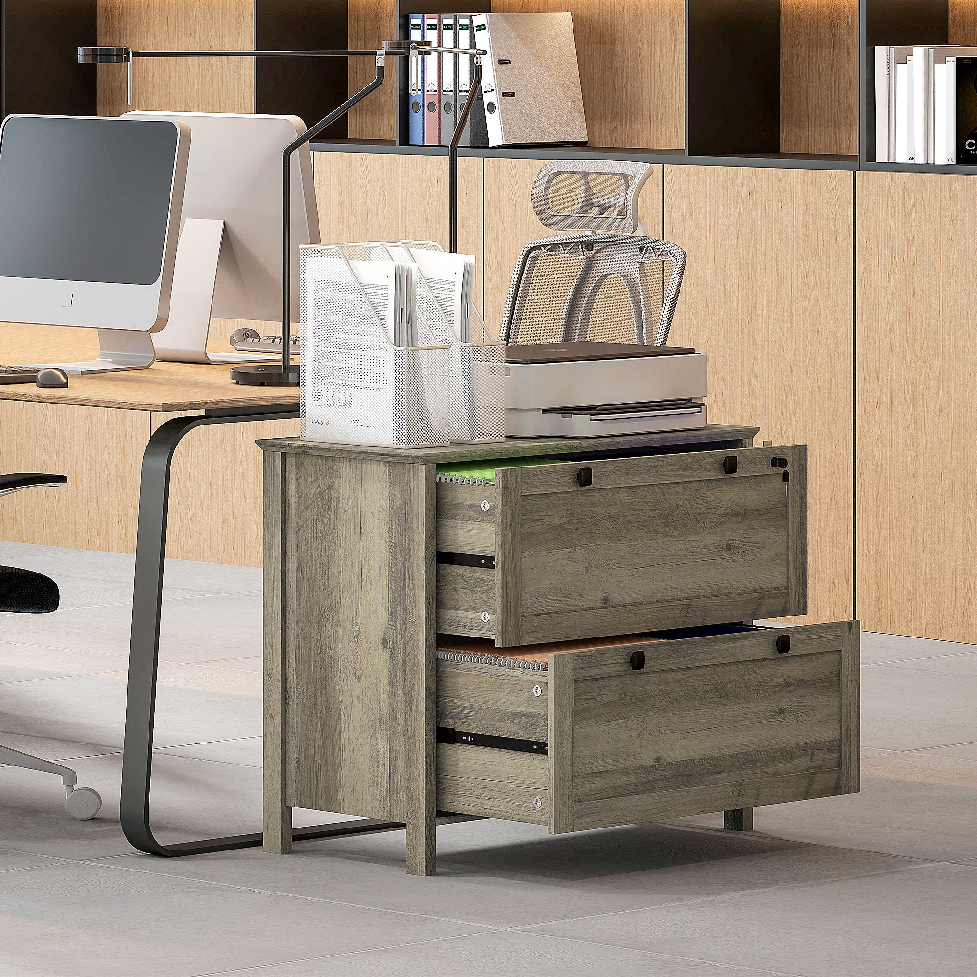 HOMCOM File Cabinet, 2 Drawer Filing Cabinet with Lock, Printer Stand, Office Filing Cabinet Organizer for A4, Letter Size, Weathered Grey Oak