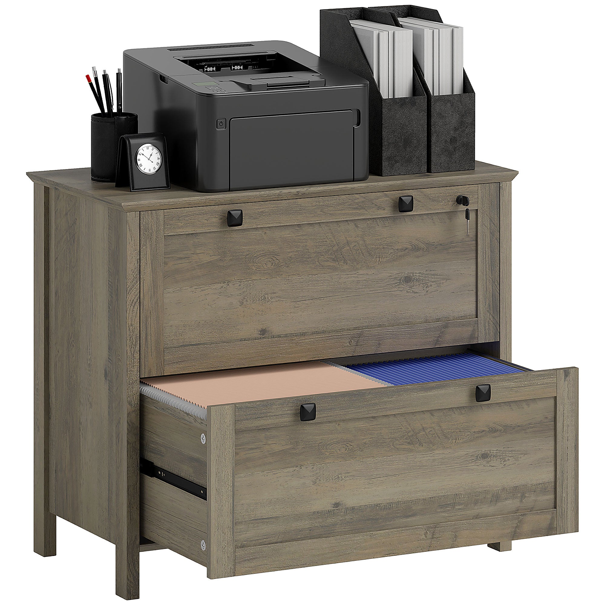 HOMCOM File Cabinet, 2 Drawer Filing Cabinet with Lock, Printer Stand, Office Filing Cabinet Organizer for A4, Letter Size, Weathered Grey Oak