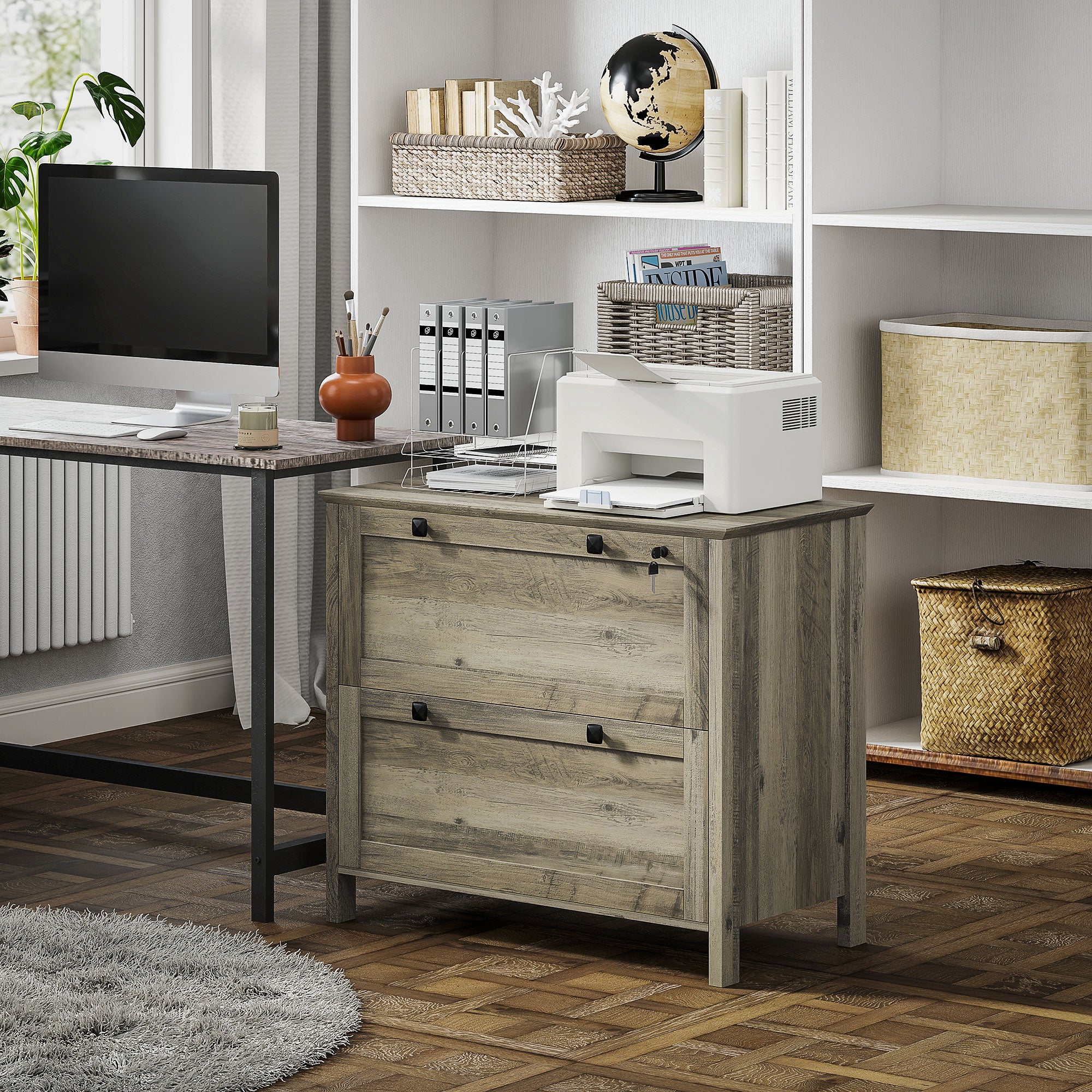 HOMCOM File Cabinet, 2 Drawer Filing Cabinet with Lock, Printer Stand, Office Filing Cabinet Organizer for A4, Letter Size, Weathered Grey Oak