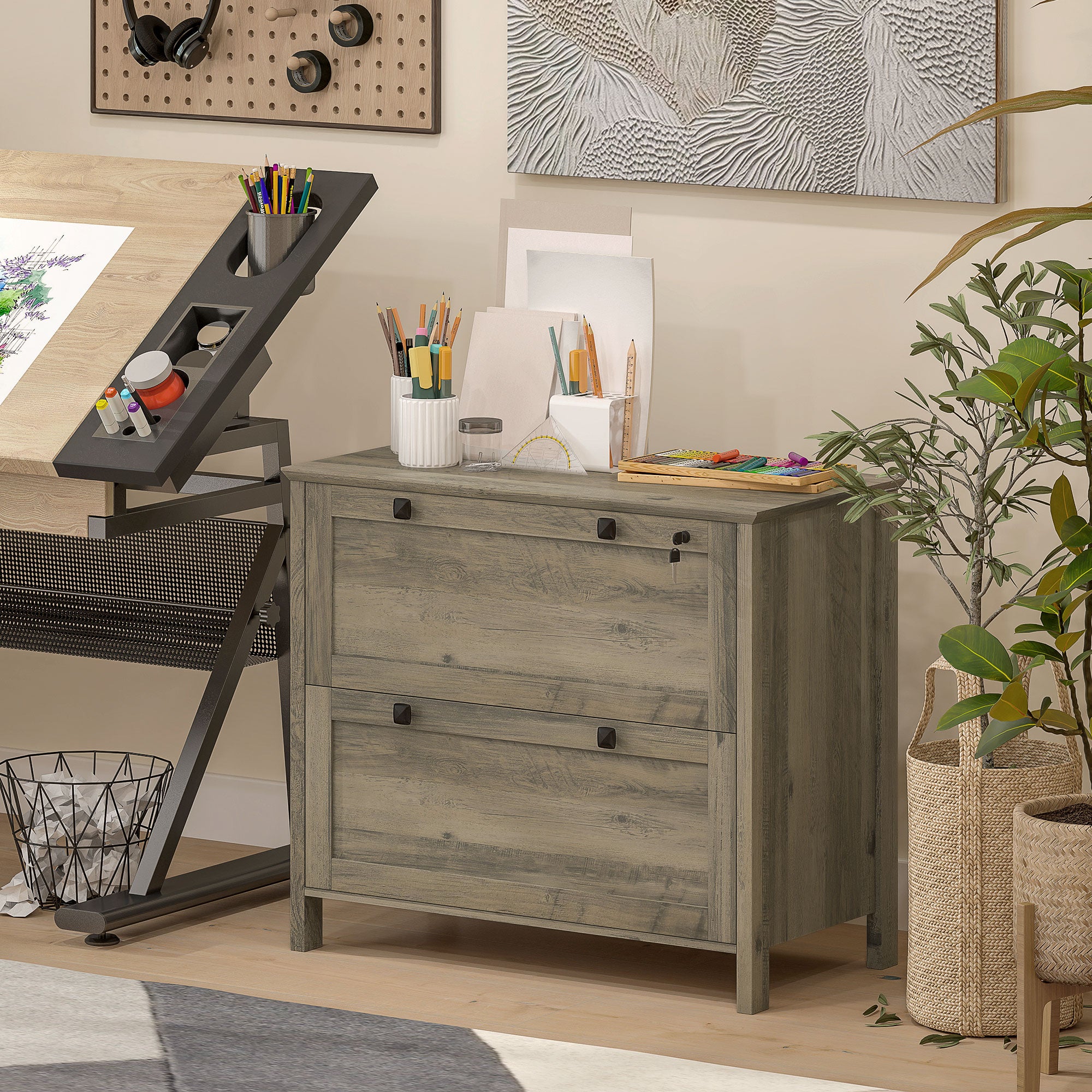 HOMCOM File Cabinet, 2 Drawer Filing Cabinet with Lock, Printer Stand, Office Filing Cabinet Organizer for A4, Letter Size, Weathered Grey Oak