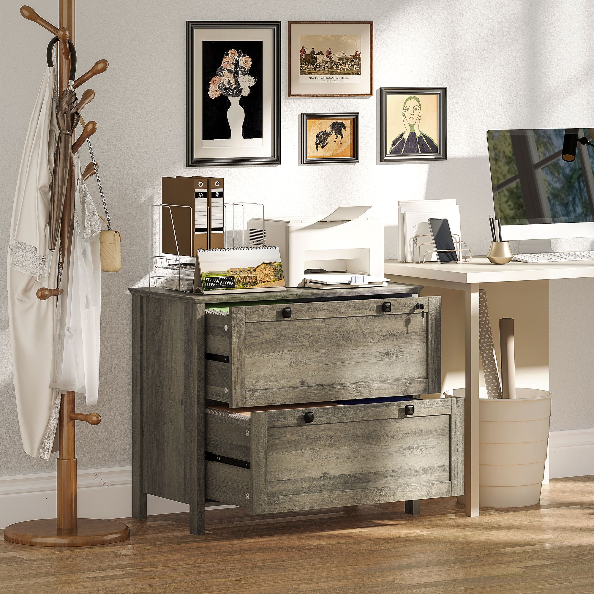 HOMCOM File Cabinet, 2 Drawer Filing Cabinet with Lock, Printer Stand, Office Filing Cabinet Organizer for A4, Letter Size, Weathered Grey Oak