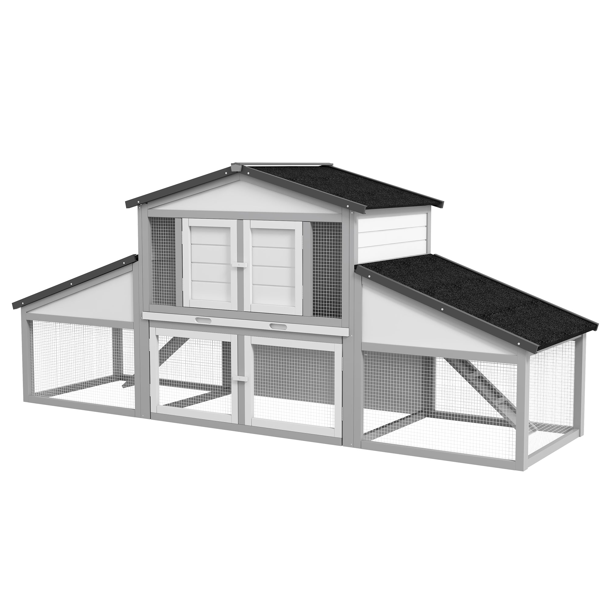 PawHut Large Rabbit Hutch with Run, Outdoor Bunny Cage with Tray, Ramp, Wooden Guinea Pig House, Light Grey