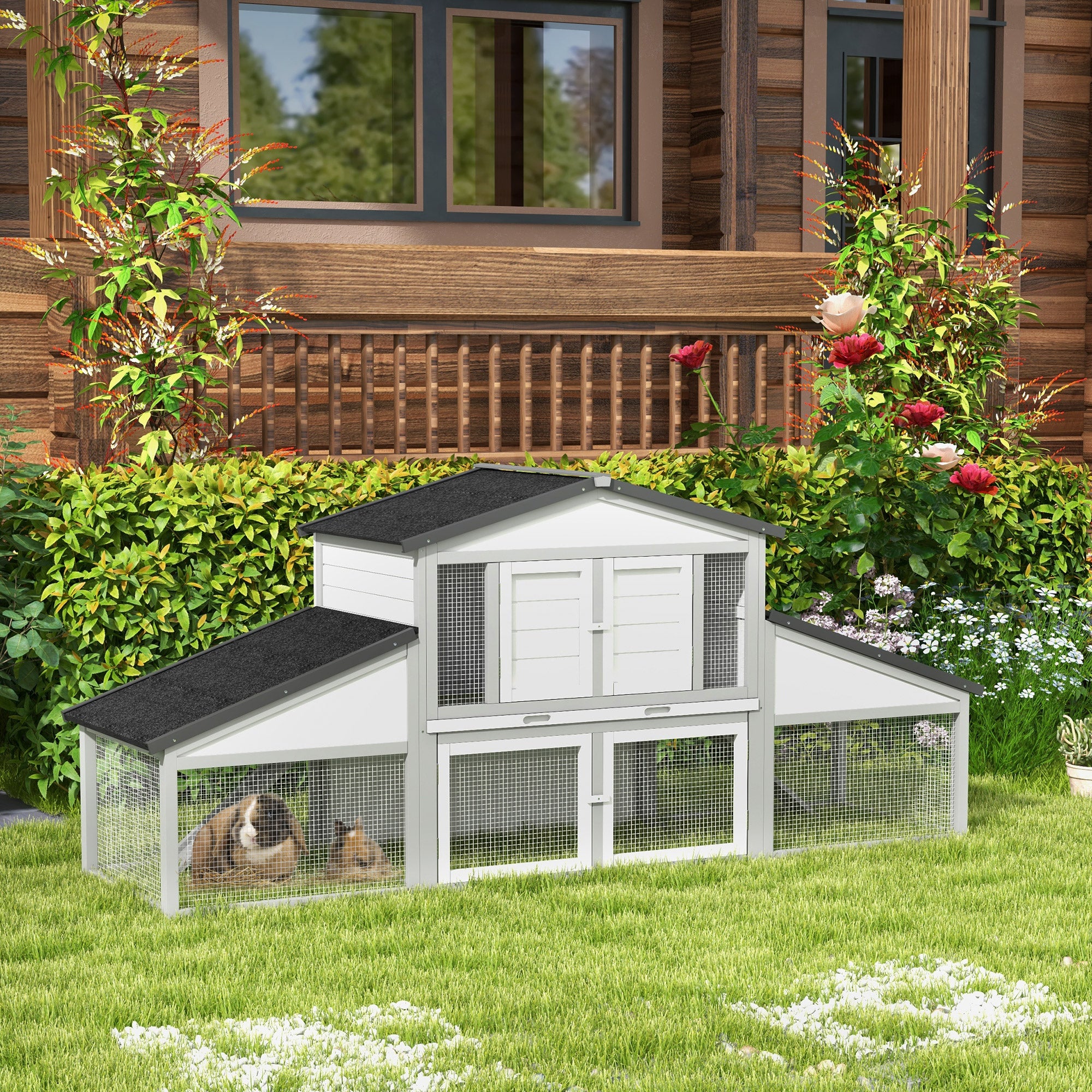 PawHut Large Rabbit Hutch with Run, Outdoor Bunny Cage with Tray, Ramp, Wooden Guinea Pig House, Light Grey