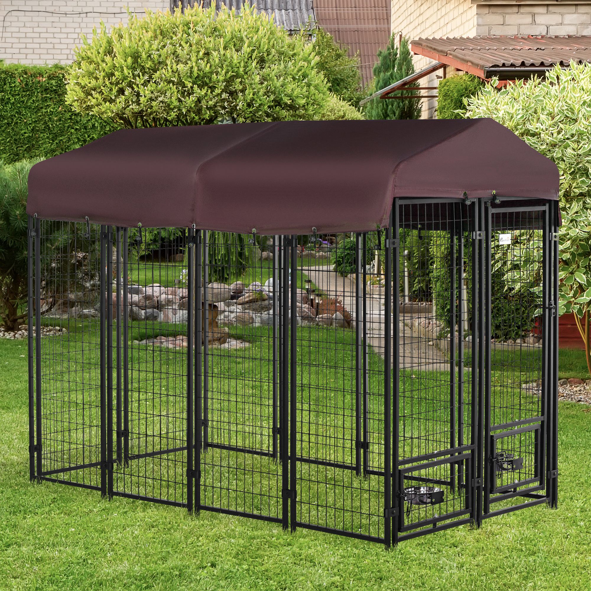 PawHut Outdoor Dog Kennel, Lockable Pet Crate, Welded Wire Steel Fence, with Water-, UV-Resistant Canopy, Rotating Bowl Holders, Door, 8ft x 4ft x 6ft, Red