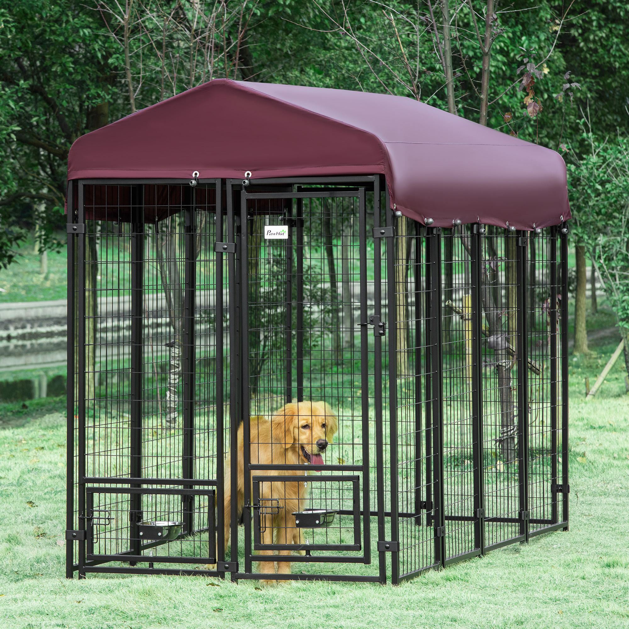 PawHut Outdoor Dog Kennel, Lockable Pet Crate, Welded Wire Steel Fence, with Water-, UV-Resistant Canopy, Rotating Bowl Holders, Door, 8ft x 4ft x 6ft, Red
