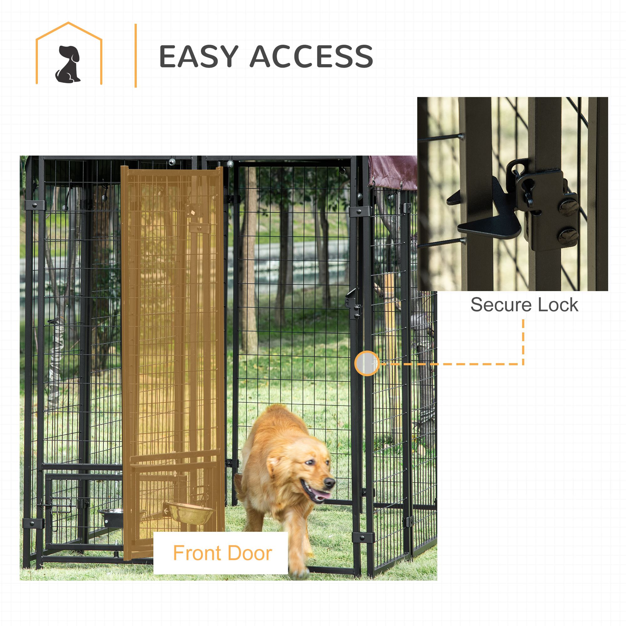 PawHut Outdoor Dog Kennel, Lockable Pet Crate, Welded Wire Steel Fence, with Water-, UV-Resistant Canopy, Rotating Bowl Holders, Door, 8ft x 4ft x 6ft, Red