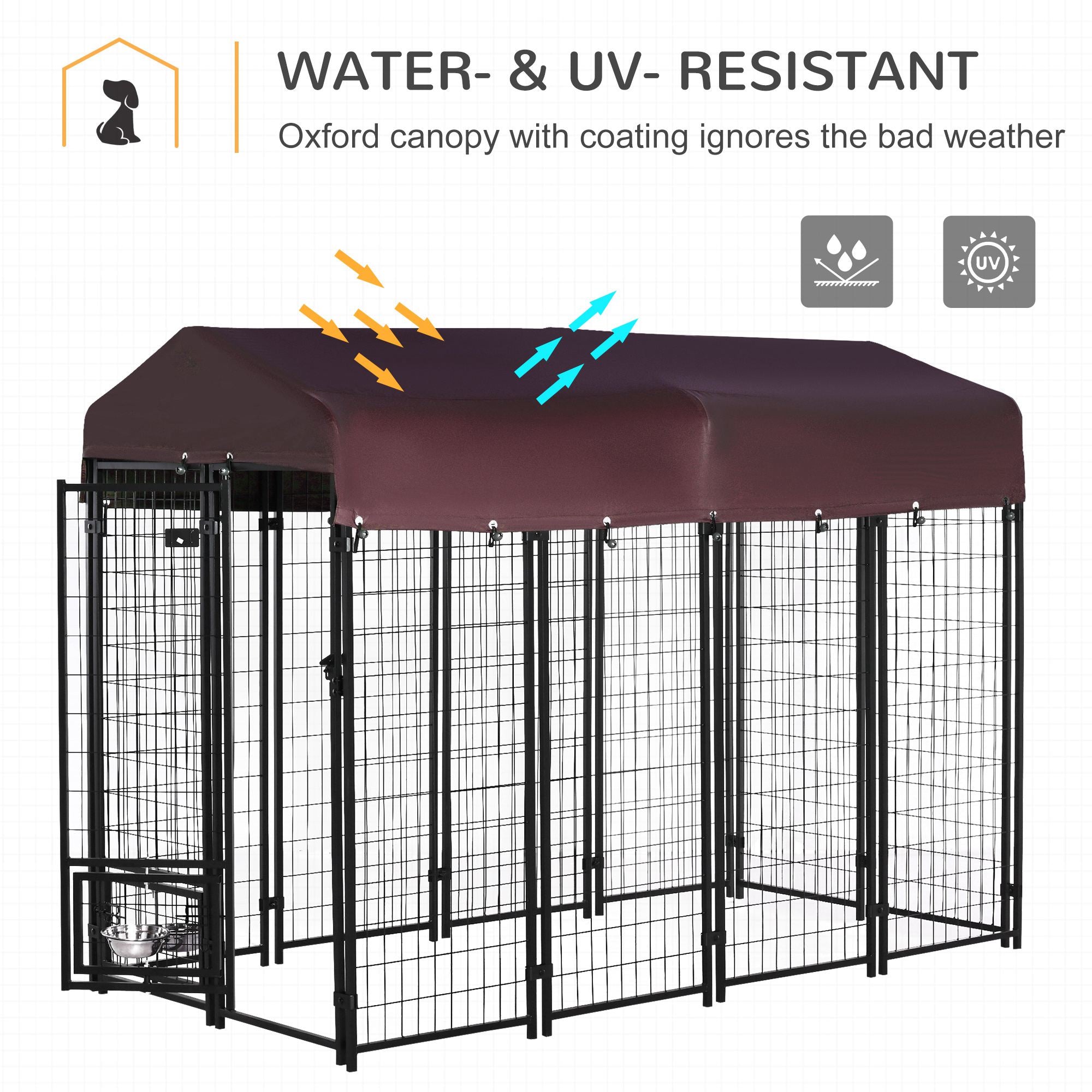 PawHut Outdoor Dog Kennel, Lockable Pet Crate, Welded Wire Steel Fence, with Water-, UV-Resistant Canopy, Rotating Bowl Holders, Door, 8ft x 4ft x 6ft, Red