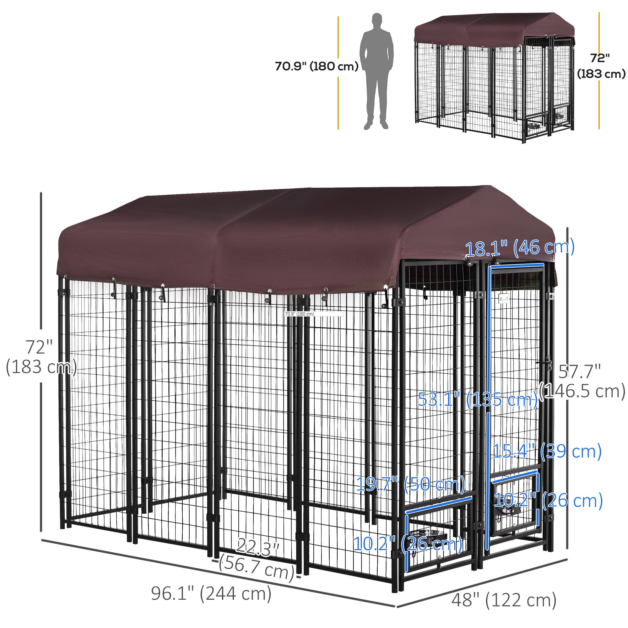 PawHut Outdoor Dog Kennel, Lockable Pet Crate, Welded Wire Steel Fence, with Water-, UV-Resistant Canopy, Rotating Bowl Holders, Door, 8ft x 4ft x 6ft, Red
