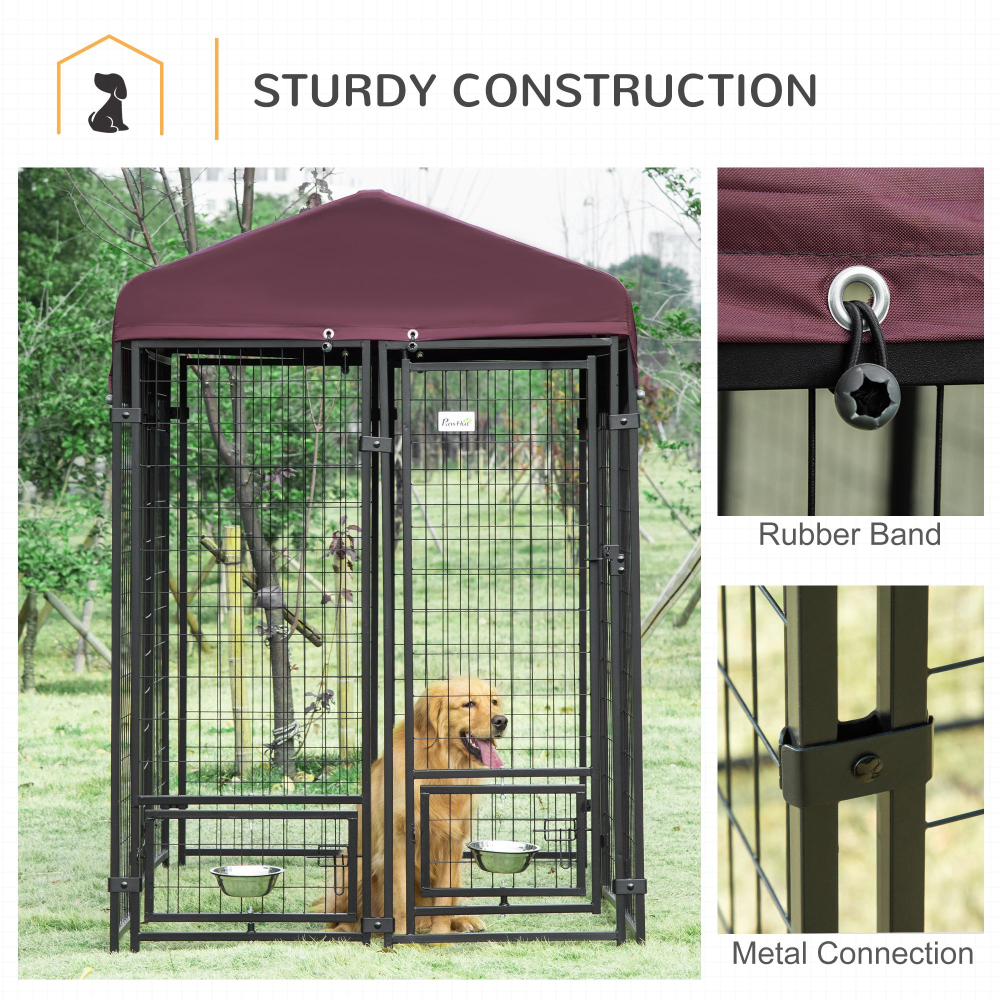 PawHut Outdoor Dog Kennel, Lockable Pet Crate, Welded Wire Steel Fence, with Water-, UV-Resistant Canopy, Rotating Bowl Holders, Door, 8ft x 4ft x 6ft, Red