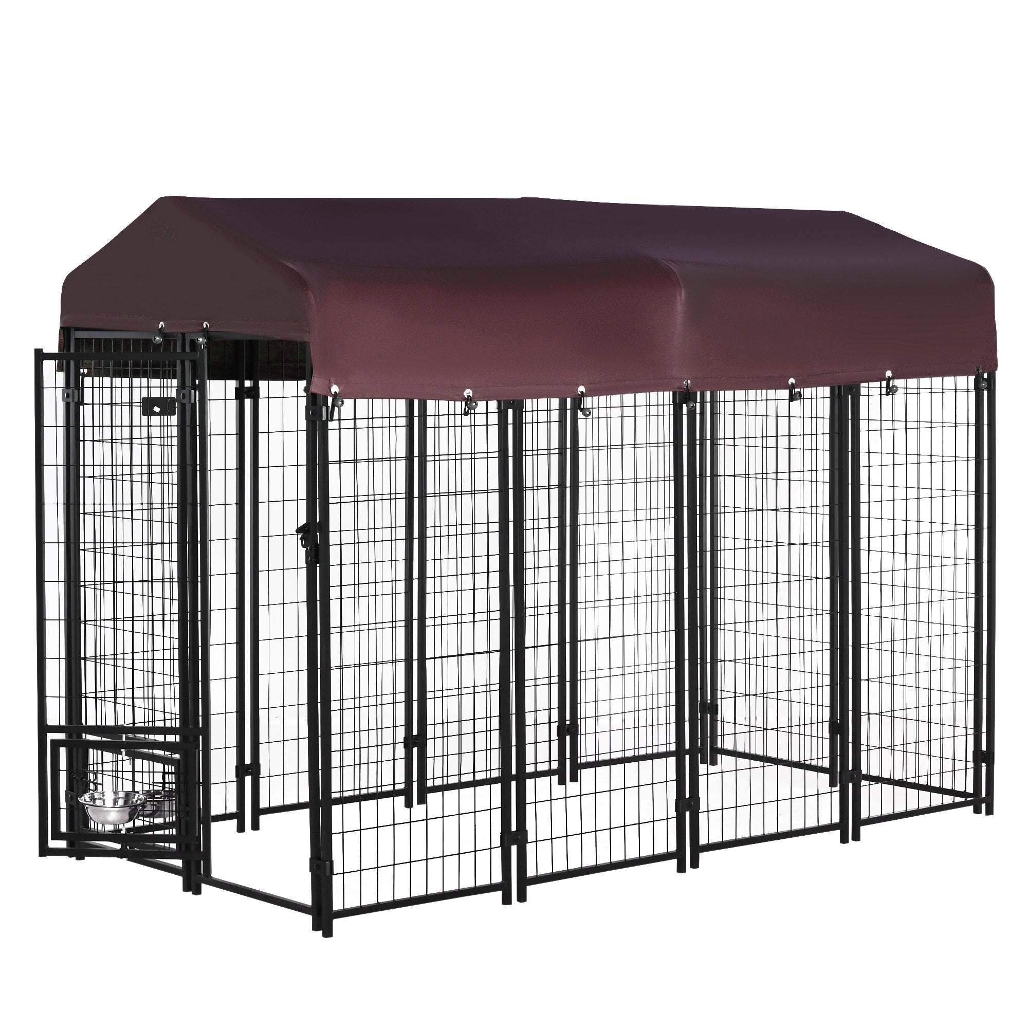 PawHut Outdoor Dog Kennel, Lockable Pet Crate, Welded Wire Steel Fence, with Water-, UV-Resistant Canopy, Rotating Bowl Holders, Door, 8ft x 4ft x 6ft, Red