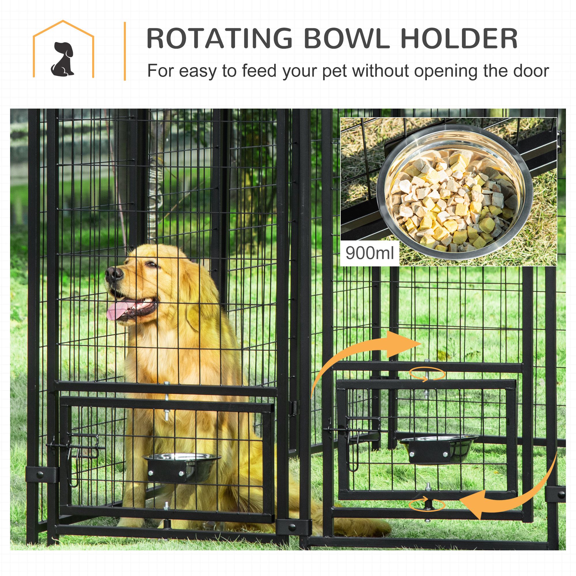 PawHut Outdoor Dog Kennel, Lockable Pet Crate, Welded Wire Steel Fence, with Water-, UV-Resistant Canopy, Rotating Bowl Holders, Door, 8ft x 4ft x 6ft, Red