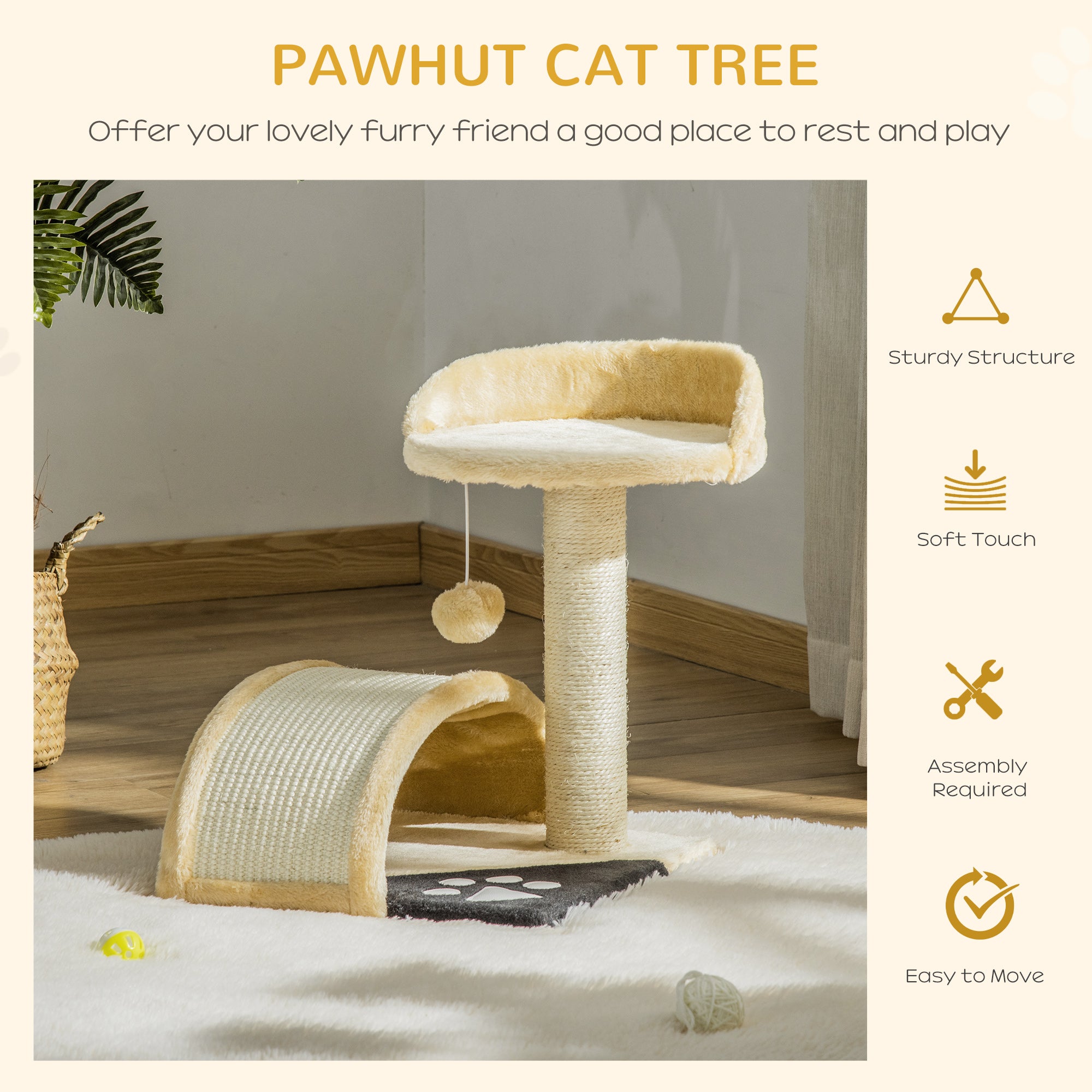 PawHut 18" Cat Scratching Tree Kitty House Kitten Activity Centre Pet Bed Post Furniture with Hanging Toy (Beige)
