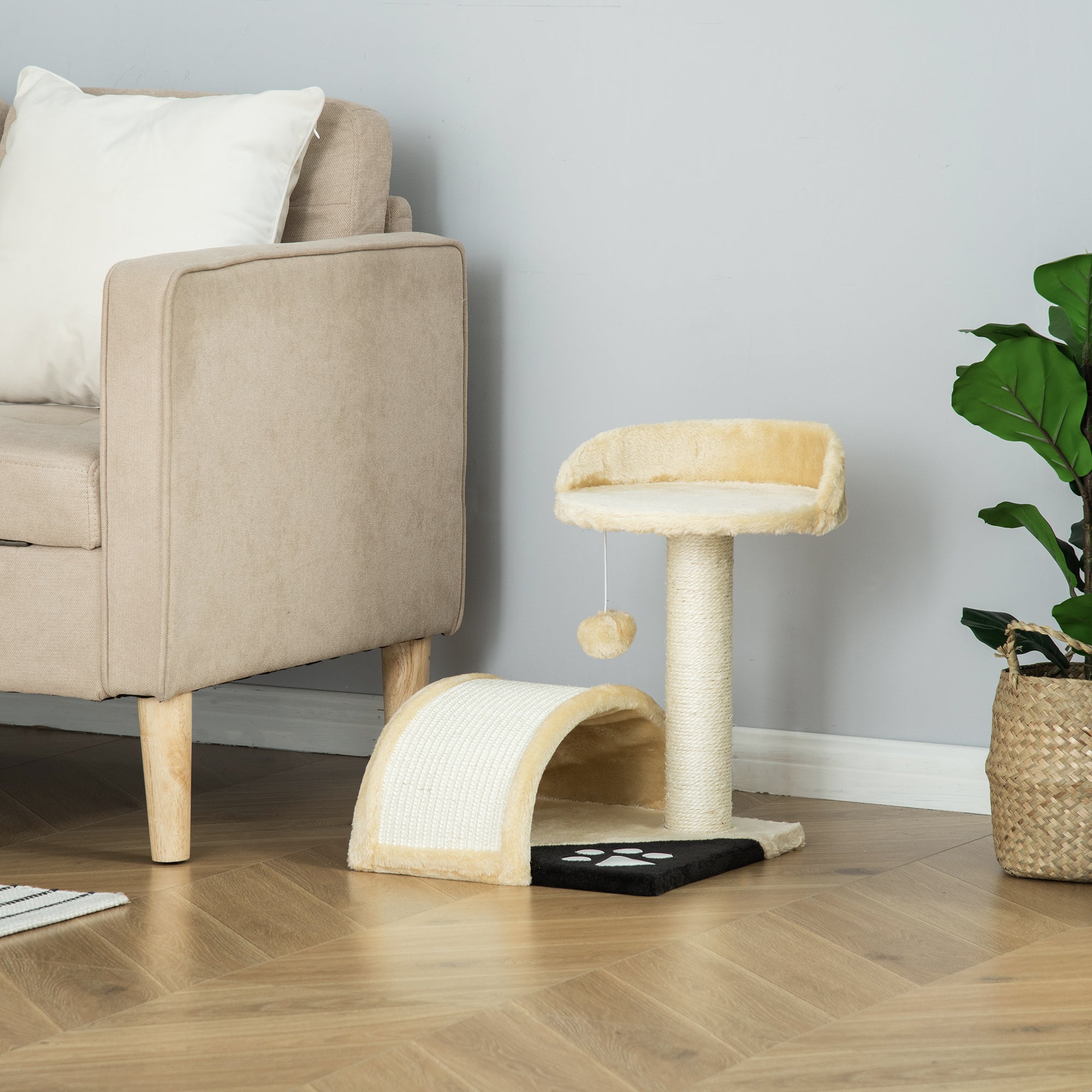 PawHut 18" Cat Scratching Tree Kitty House Kitten Activity Centre Pet Bed Post Furniture with Hanging Toy (Beige)