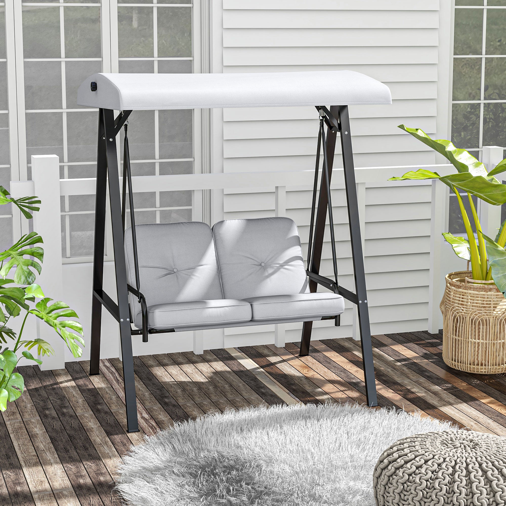 Outsunny 2 Seater Covered Outdoor Swing Chair Porch Swing Bench Lounger Hammock with Removable Cushion Tilt Canopy, Grey