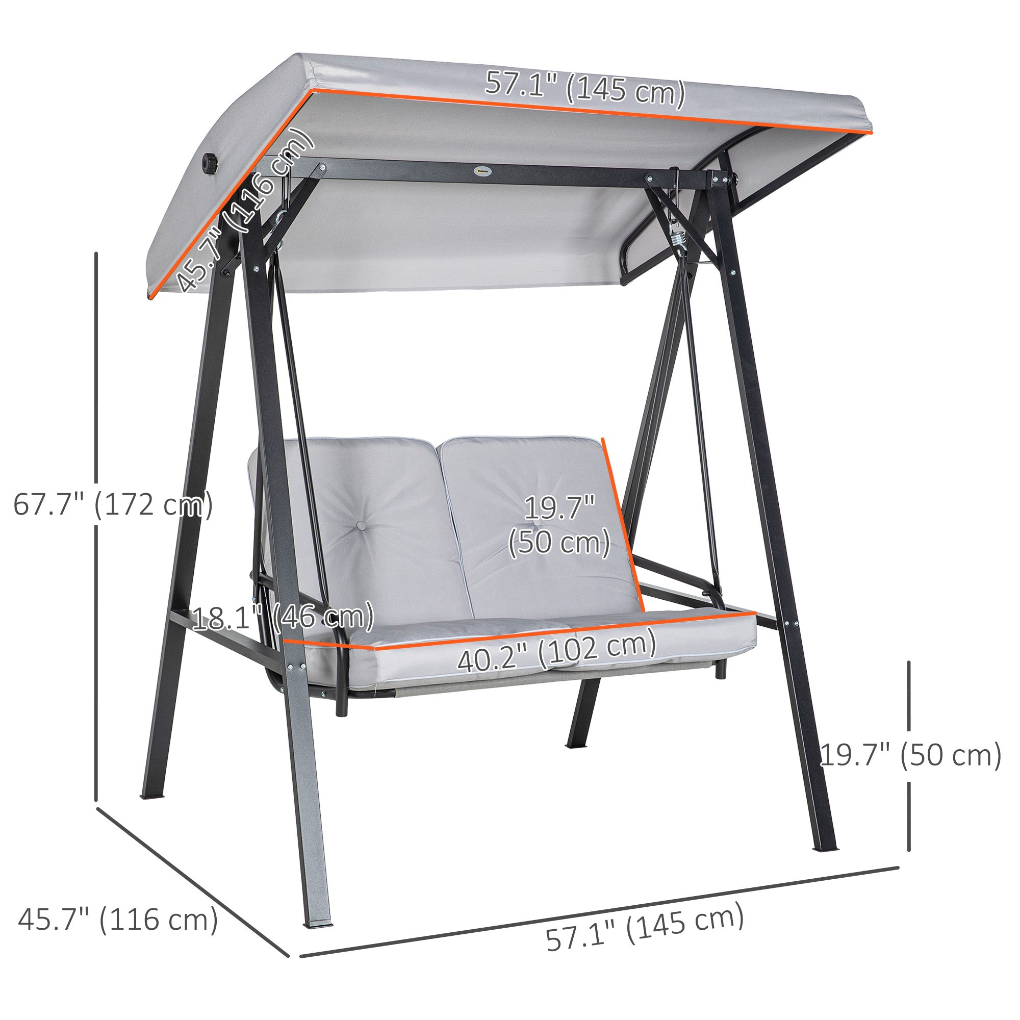 Outsunny 2 Seater Covered Outdoor Swing Chair Porch Swing Bench Lounger Hammock with Removable Cushion Tilt Canopy, Grey