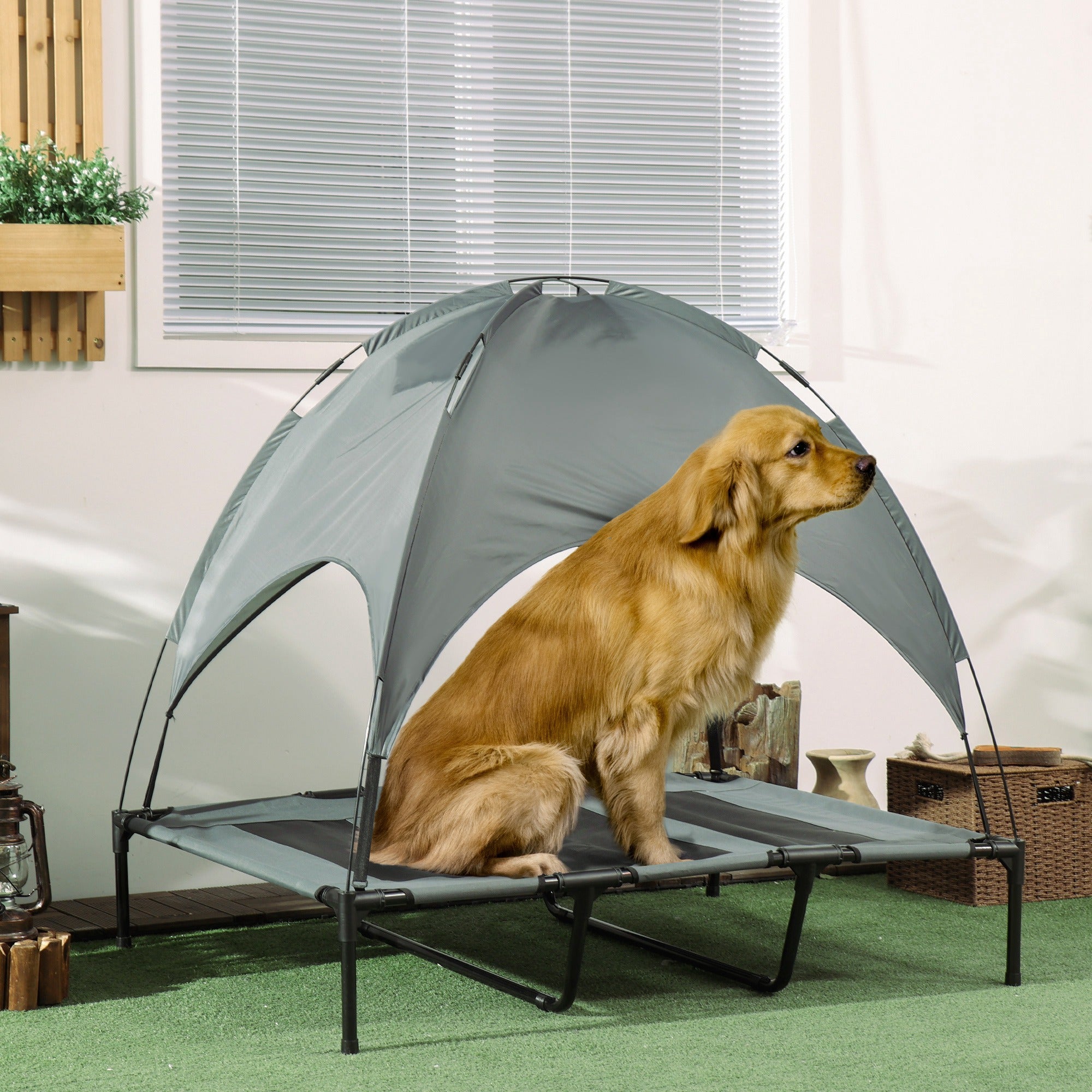 PawHut Raised Dog Bed Waterproof Elevated Pet Cot with Breathable Mesh UV Protection Canopy Grey, for XL Dogs, 122 x 92 x 108cm