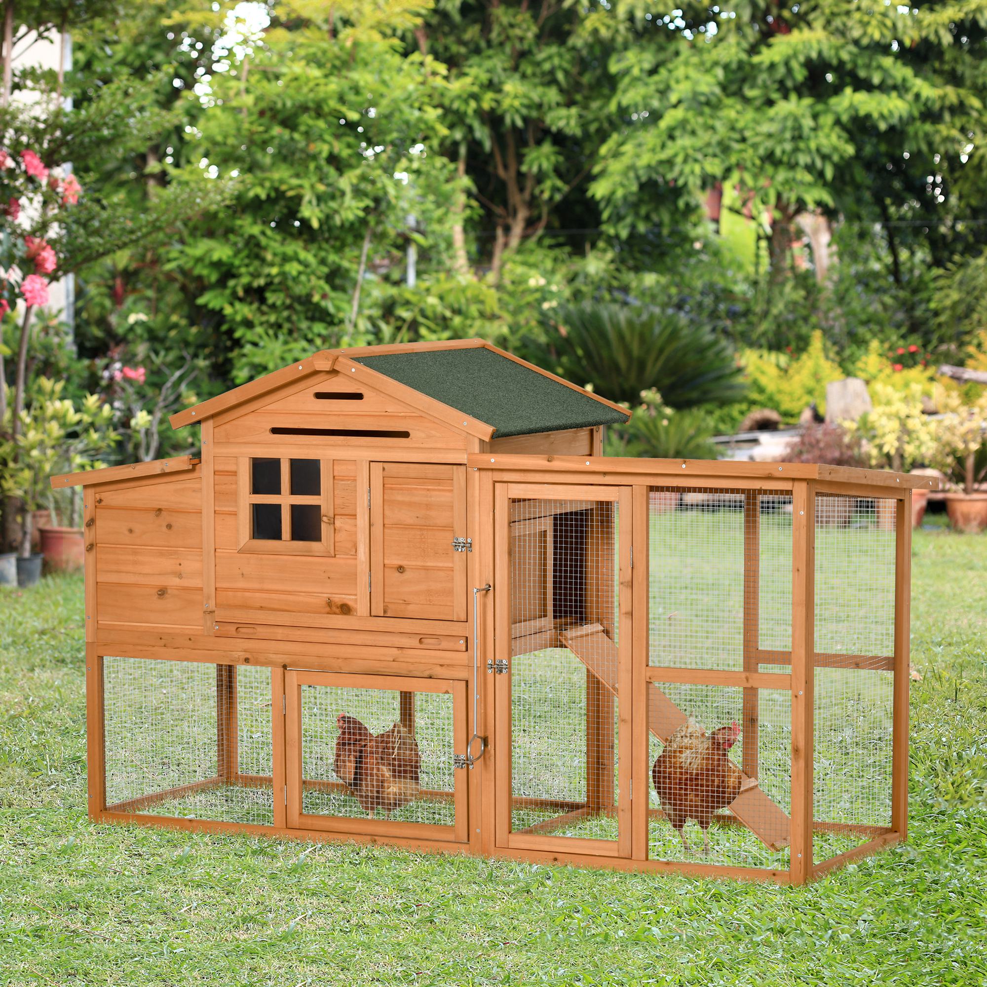 PawHut 76" Wooden Chicken Coop, Outdoor Hen House Poultry Duck Goose Cage with Outdoor Run, Nesting Box, Removable Tray and Lockable Doors, Orange