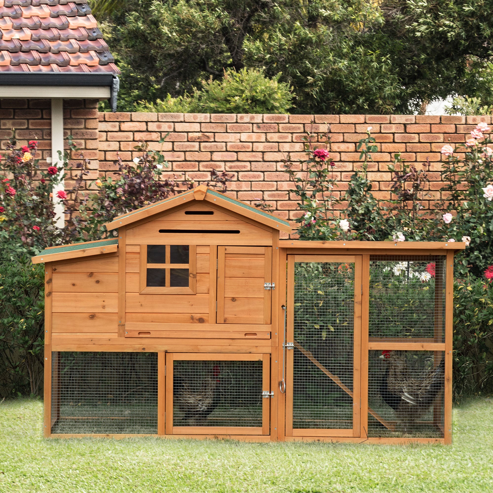 PawHut 76" Wooden Chicken Coop, Outdoor Hen House Poultry Duck Goose Cage with Outdoor Run, Nesting Box, Removable Tray and Lockable Doors, Orange