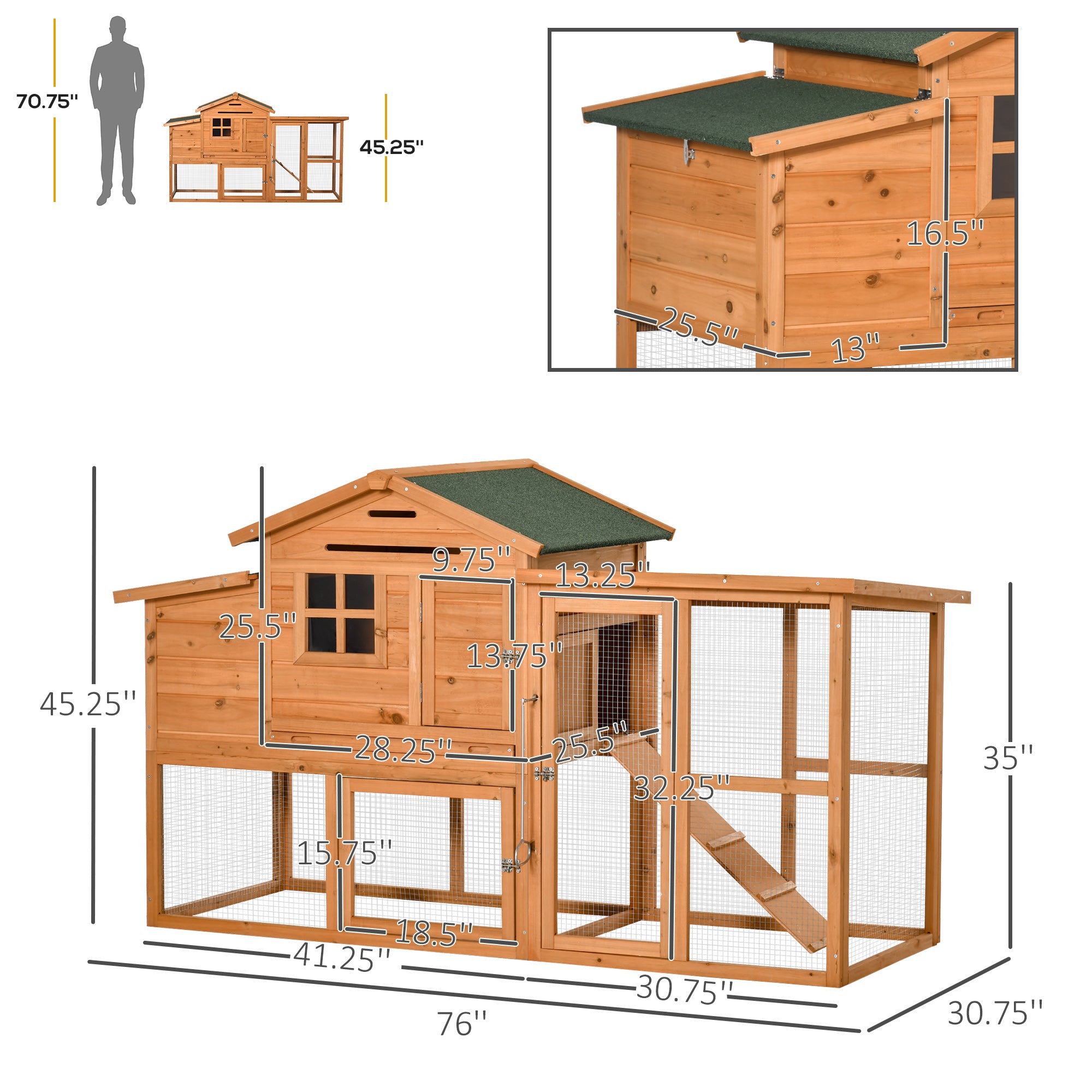 PawHut 76" Wooden Chicken Coop, Outdoor Hen House Poultry Duck Goose Cage with Outdoor Run, Nesting Box, Removable Tray and Lockable Doors, Orange