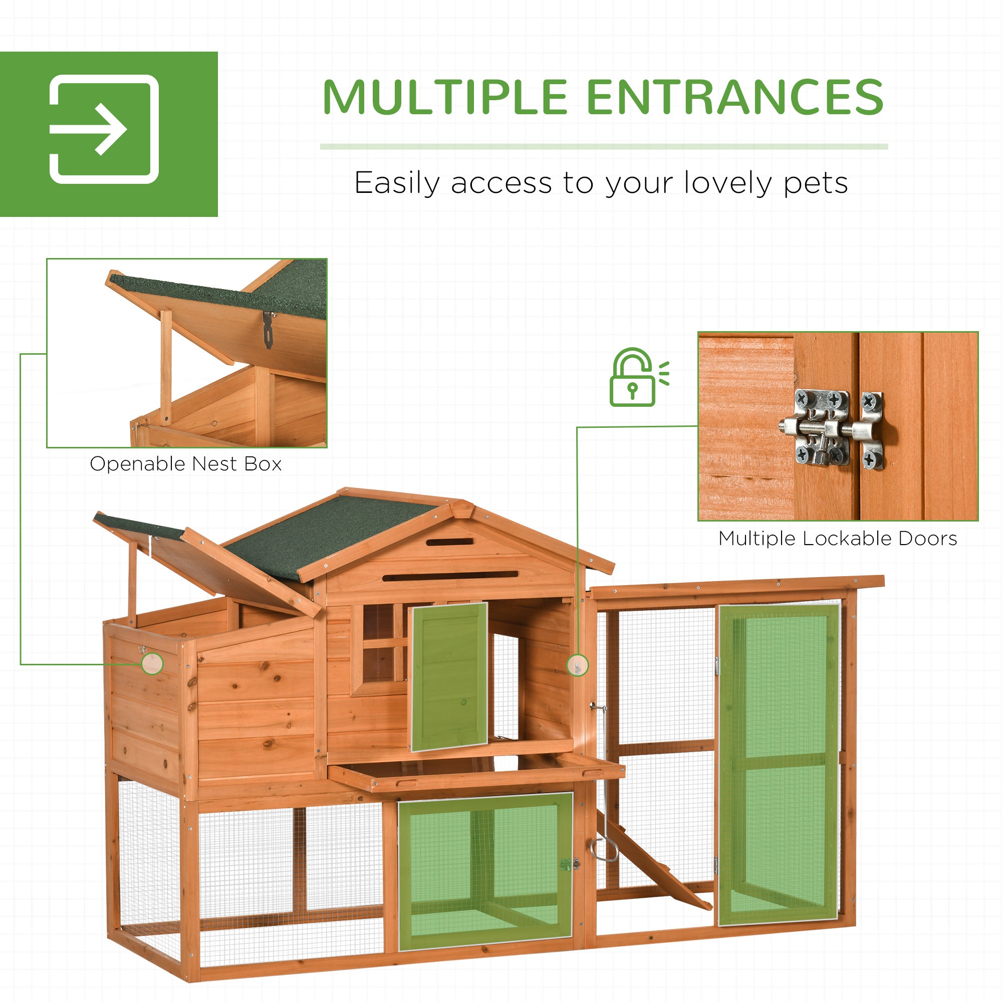 PawHut 76" Wooden Chicken Coop, Outdoor Hen House Poultry Duck Goose Cage with Outdoor Run, Nesting Box, Removable Tray and Lockable Doors, Orange