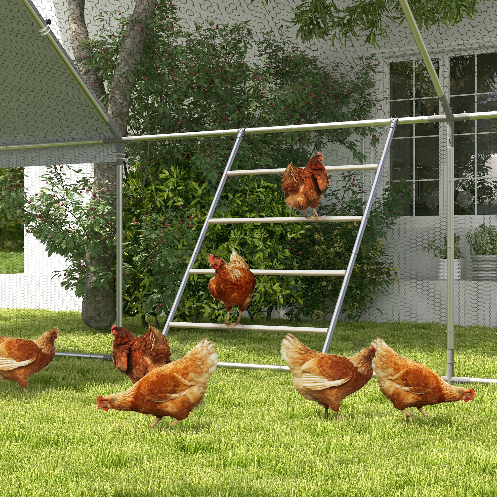 PawHut Chicken Perch for Coop, Wooden and Galvanized Steel Jungle Gym Roosting Bar Ladder for Backyard Poultry, 55" x 33.75"