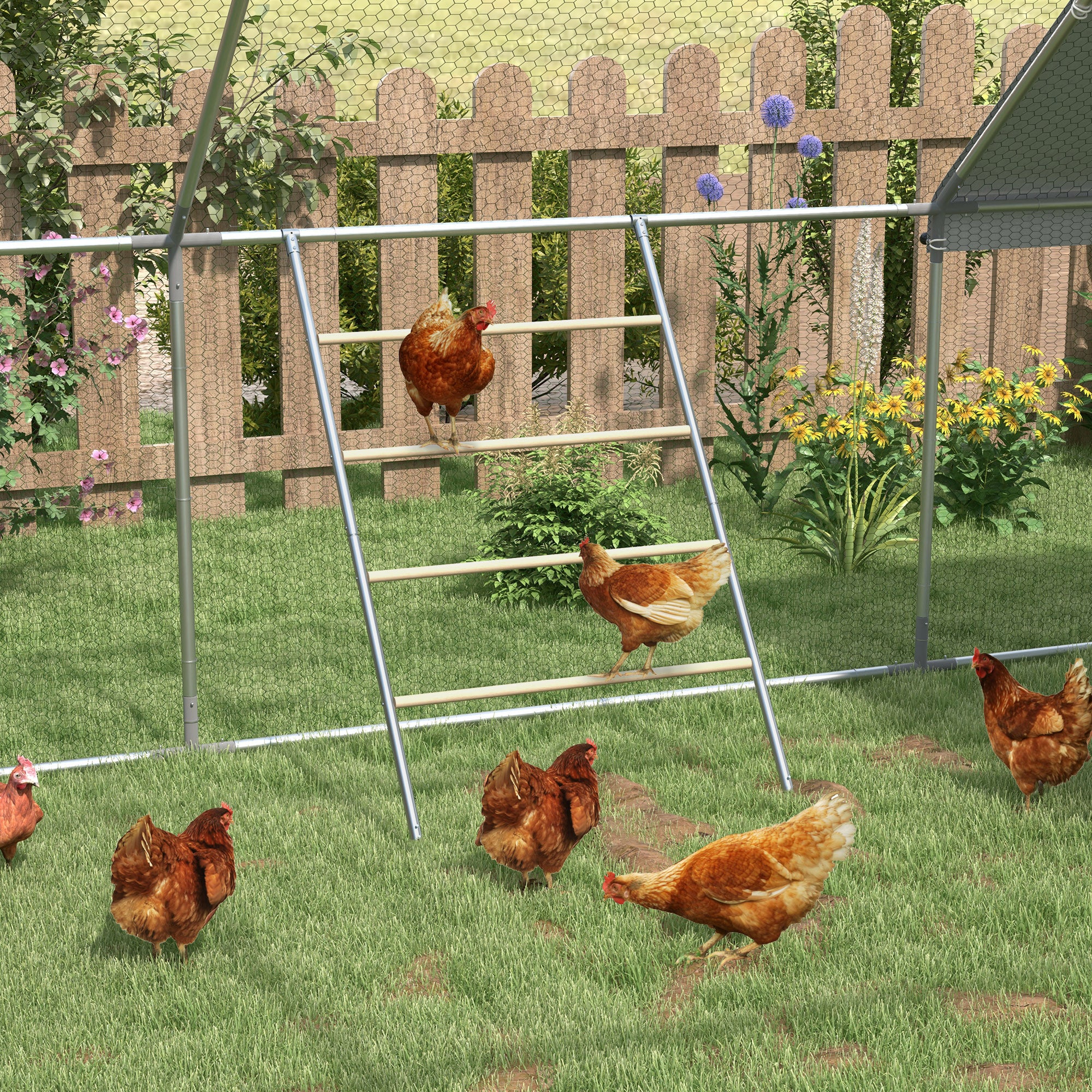 PawHut Chicken Perch for Coop, Wooden and Galvanized Steel Jungle Gym Roosting Bar Ladder for Backyard Poultry, 55" x 33.75"