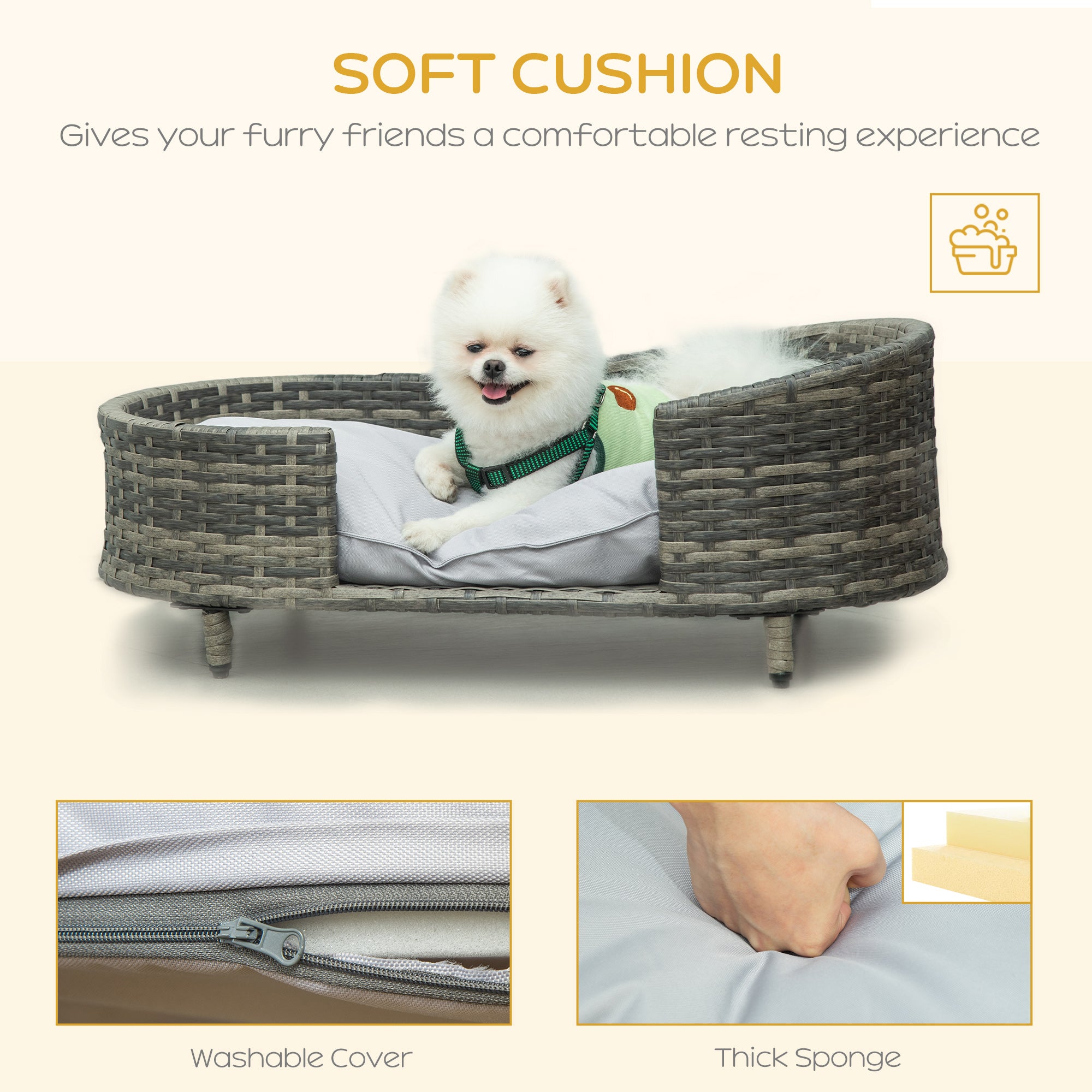 PawHut Wicker Dog Sofa with Soft Water-resistant Cushion, Rattan Cat Bed Raised Pet Bed Hand Woven with Washable Cover Indoor Outdoor Use, for Medium and Small Sized Dogs